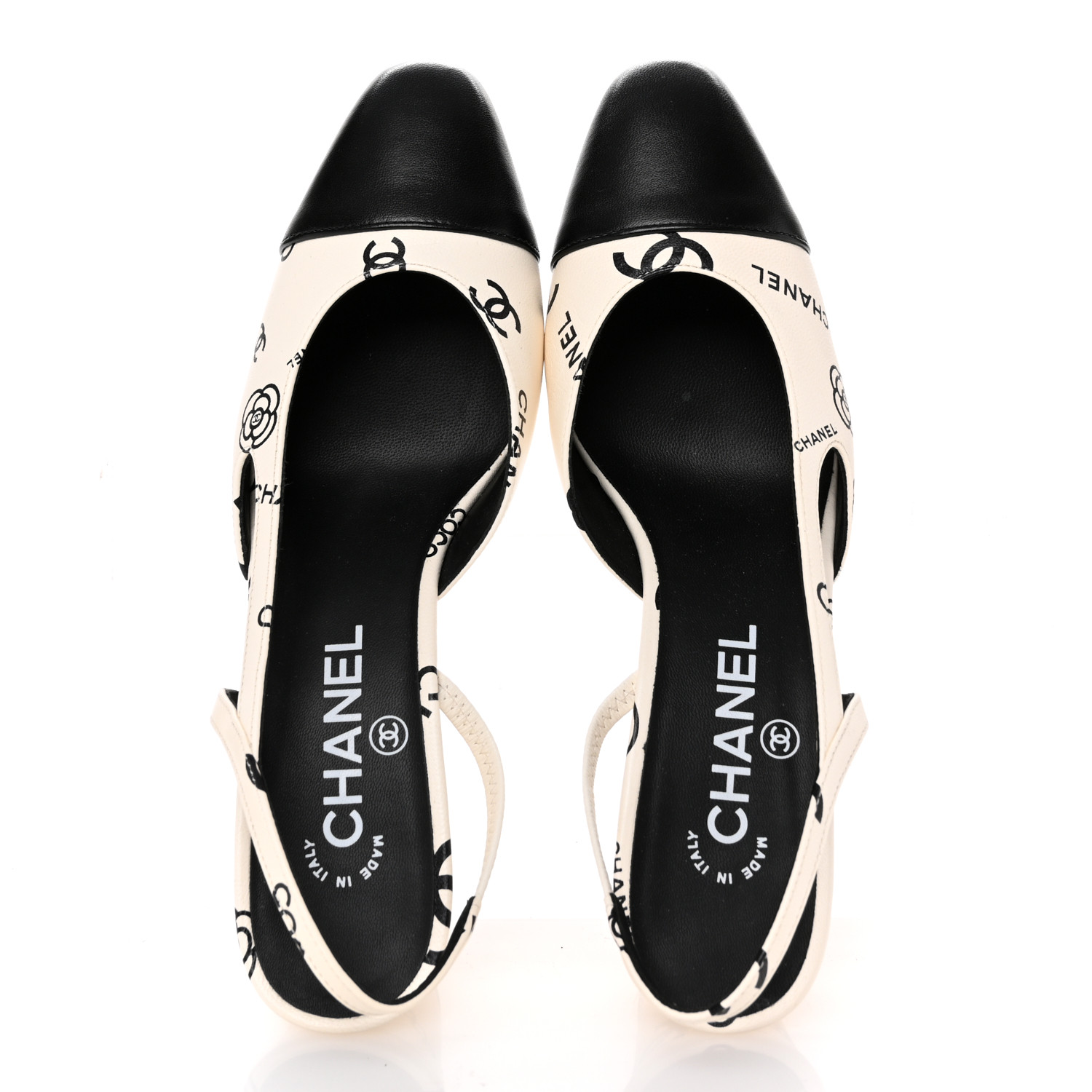 正規品CHANELミュール❗ CHANEL Printed Lambskin Cap Toe CC Slingback Pumps 38 Black