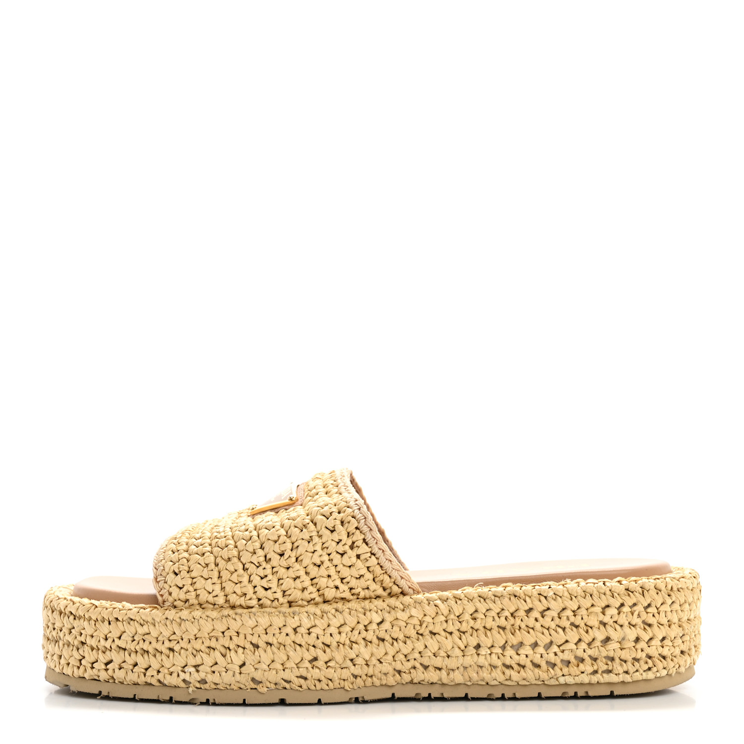 サンダル PRADA 2X3142 RAFFIA FLAT SANDAL WITH TRIANGLE LOGO PRADA Raffia Metal Triangle Logo Woven Flatform 35mm Slide