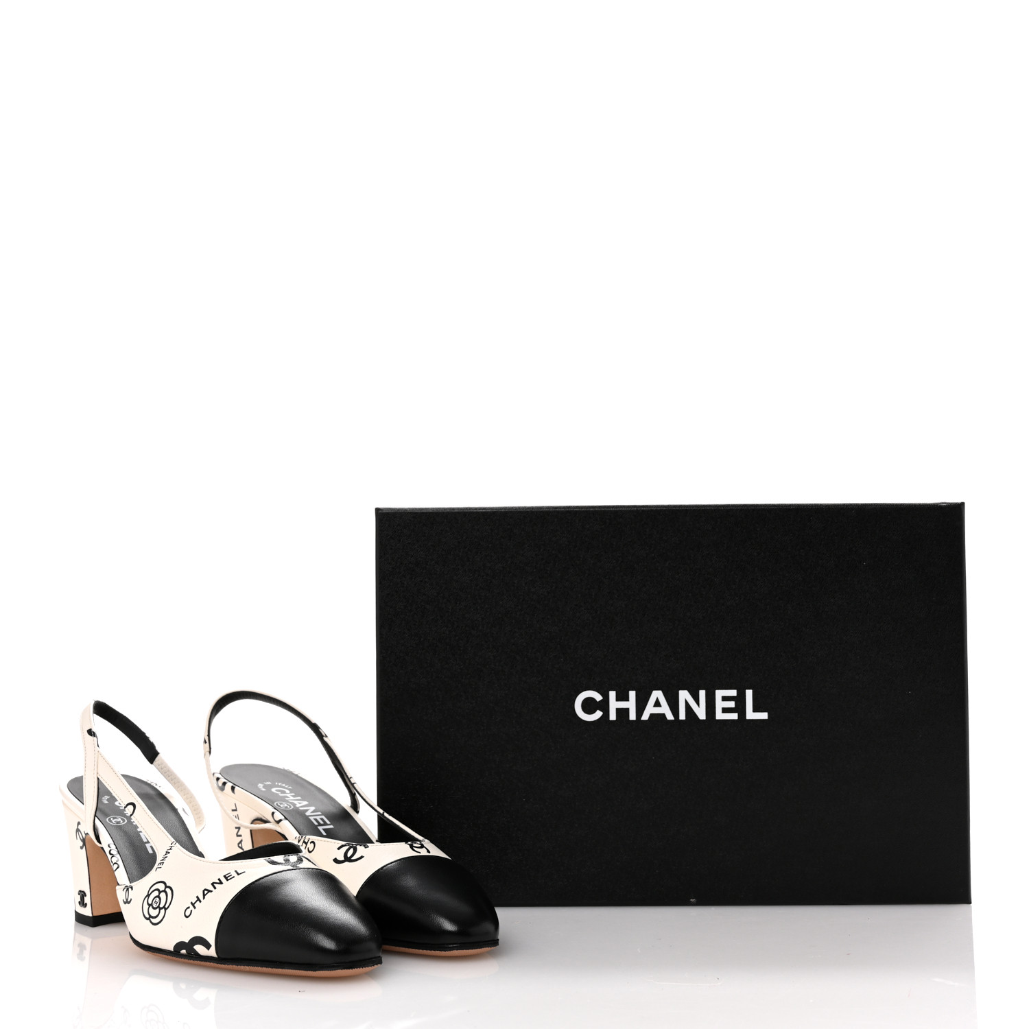 CHANEL Printed Lambskin Cap Toe CC Slingback Pumps 38 Black