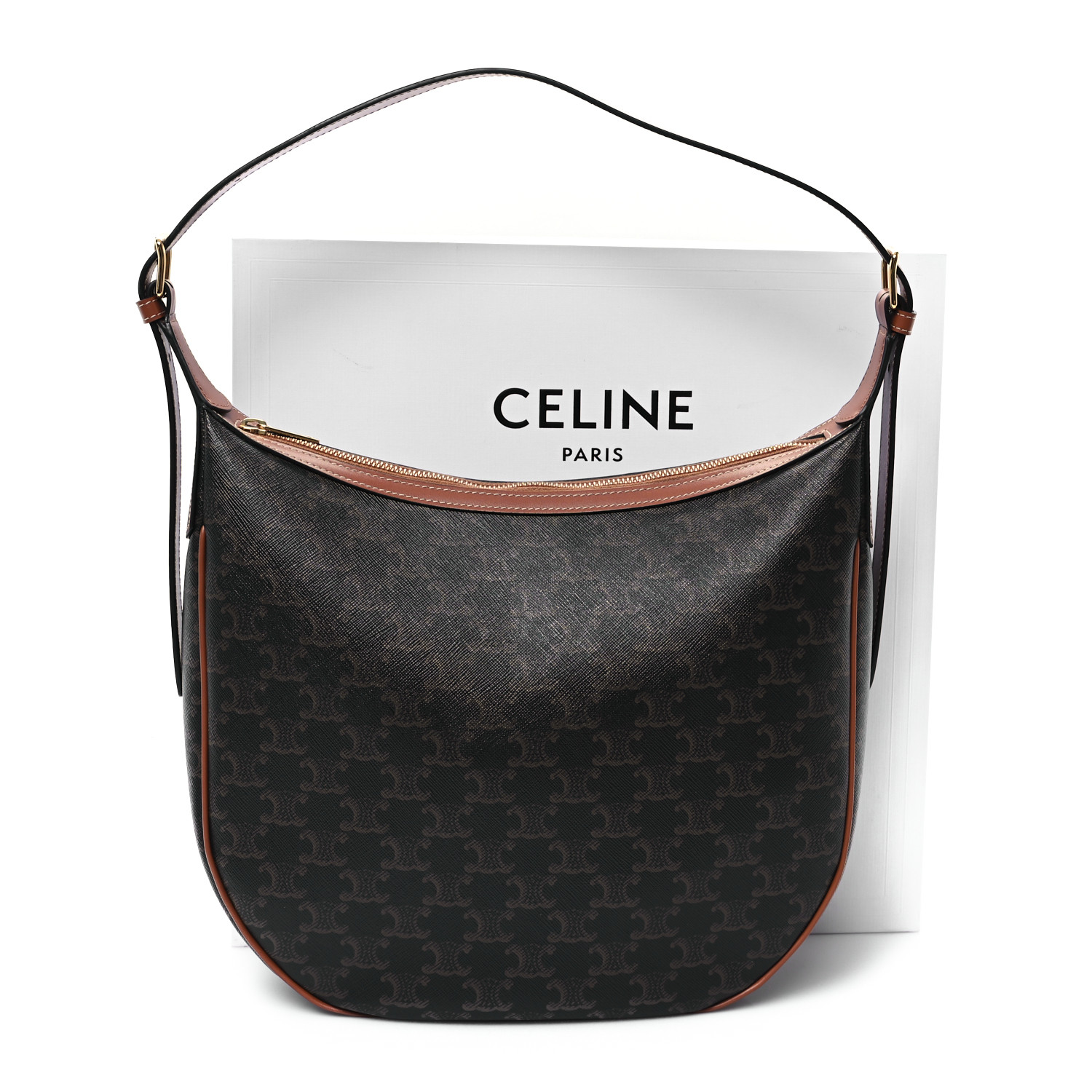 CELINE Calfskin Triomphe Canvas Heloise Shoulder Bag Tan