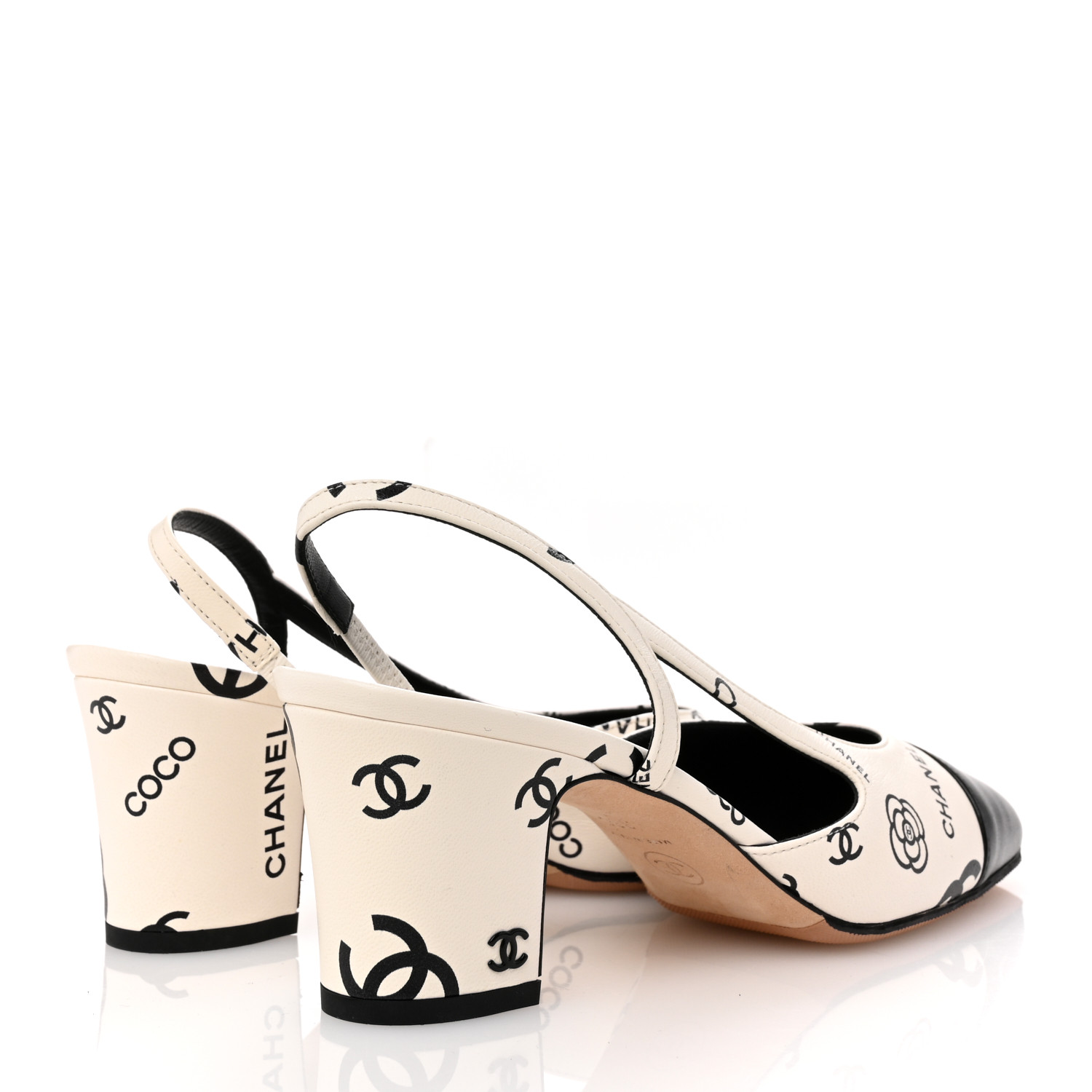 CHANEL Printed Lambskin Cap Toe CC Slingback Pumps 38 Black