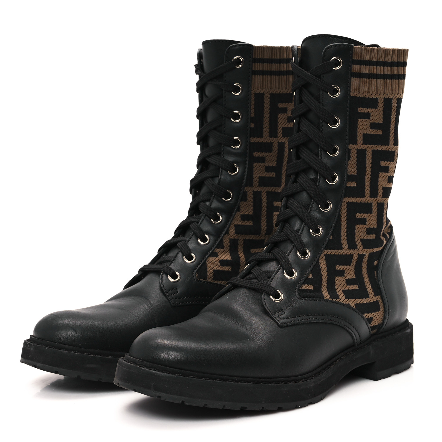FENDI Calfskin Stretch Fabric FF Rockoko Biker Boots 37.5