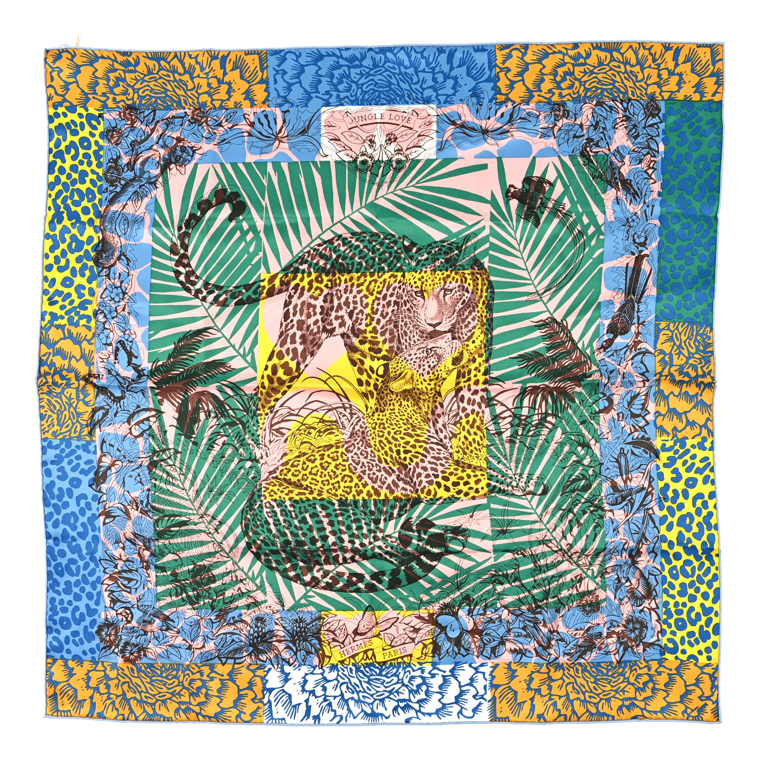 HERMES ジャングルラブ　カレ70Jungle Love au Tampon HERMES Silk Vintage Jungle Love au Tampon Scarf 70 Blue