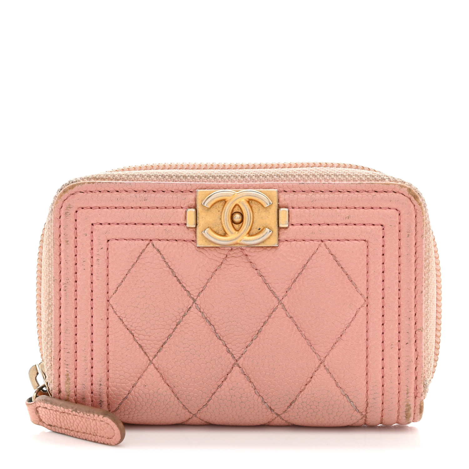 CHANEL Caviar Quilted Boy Zip Around Coin Purse Wallet Light