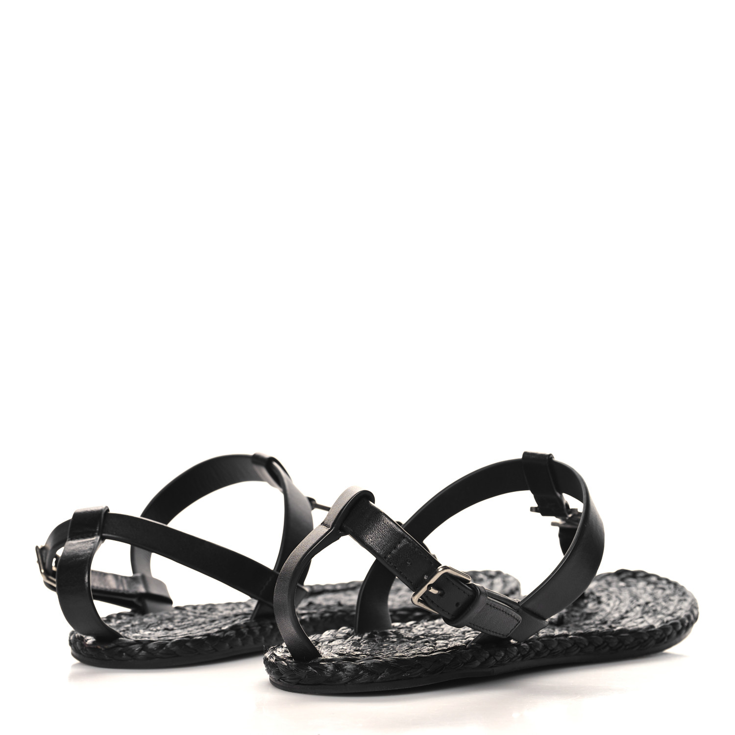 SAINT LAURENT Calfskin Raffia Cassandra Monogram Sandals 37