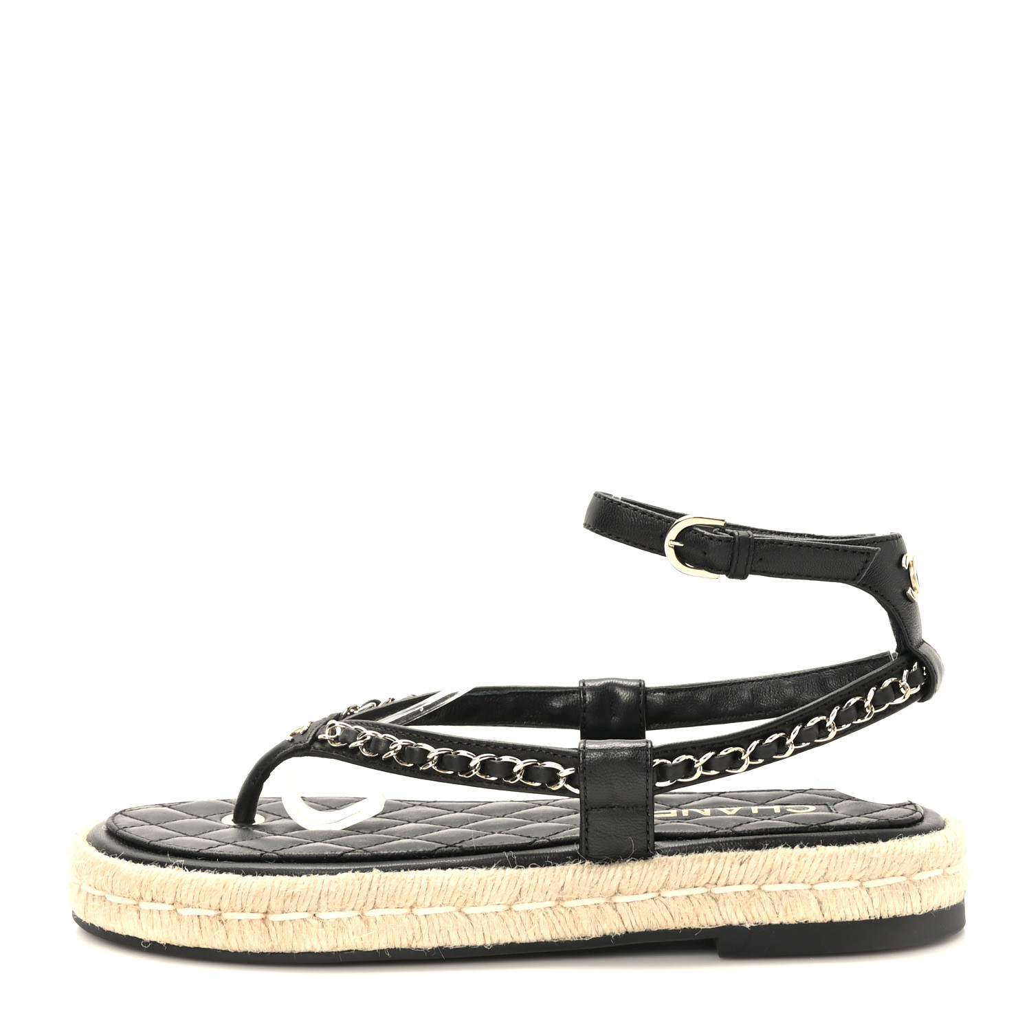CHANEL Lambskin Chain CC Thong Espadrille Sandals 38 Black