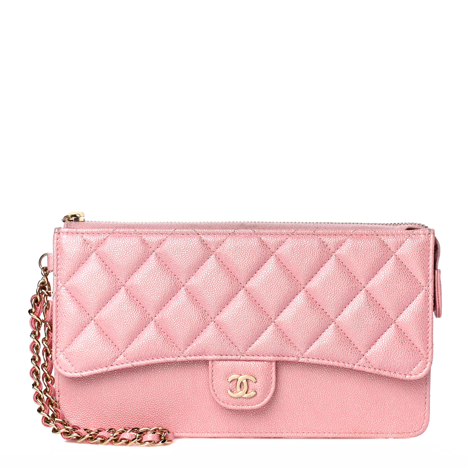 CHANEL Iridescent Caviar Quilted Classic Pouch With Handle Rose