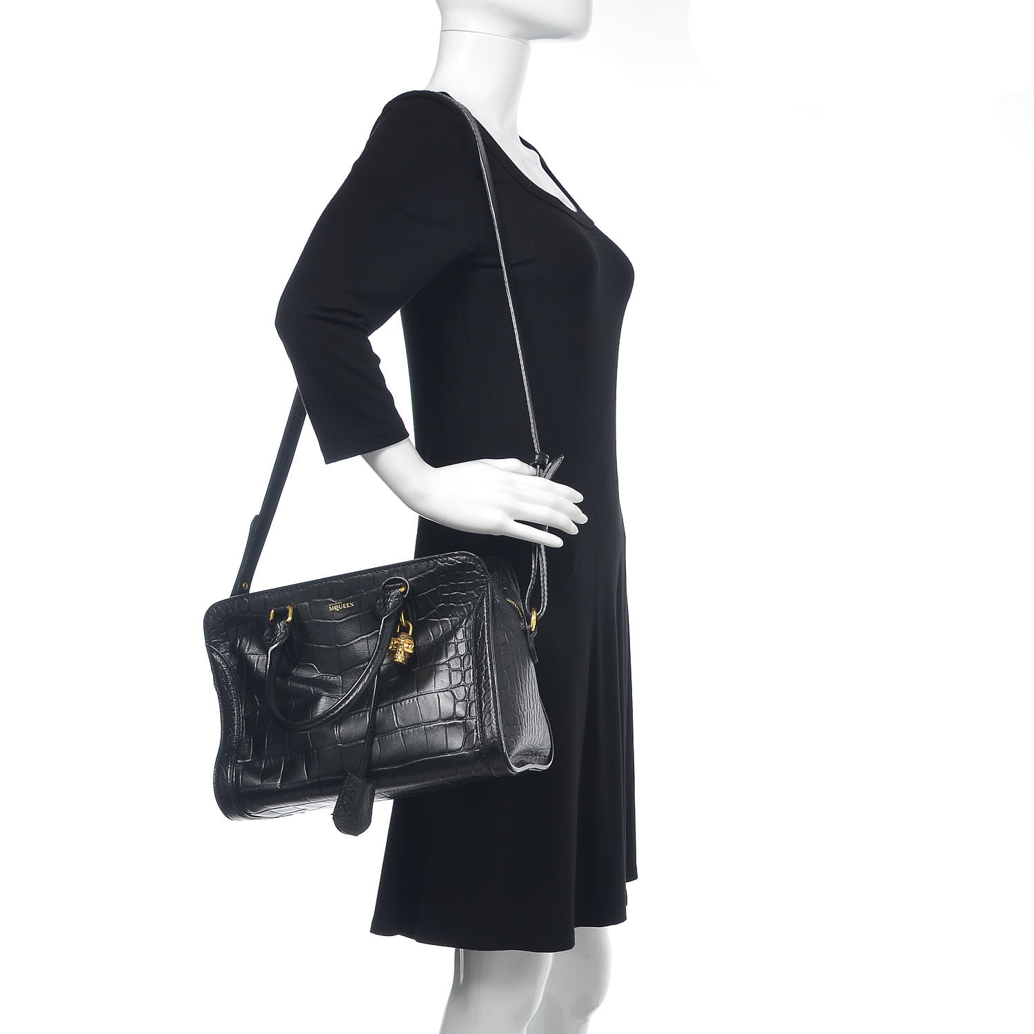 ALEXANDER MCQUEEN Calfskin Crocodile Embossed Small Skull Padlock Zip Around Tote Black 3