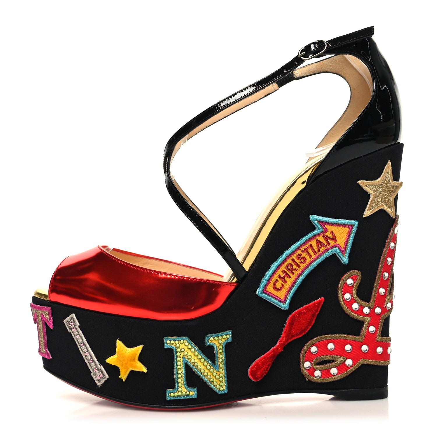 Christian Louboutin 1250827F702 関税送料込 CHRISTIAN LOUBOUTIN Patent Loubi Zeppa 140 Wedges 37.5 Black