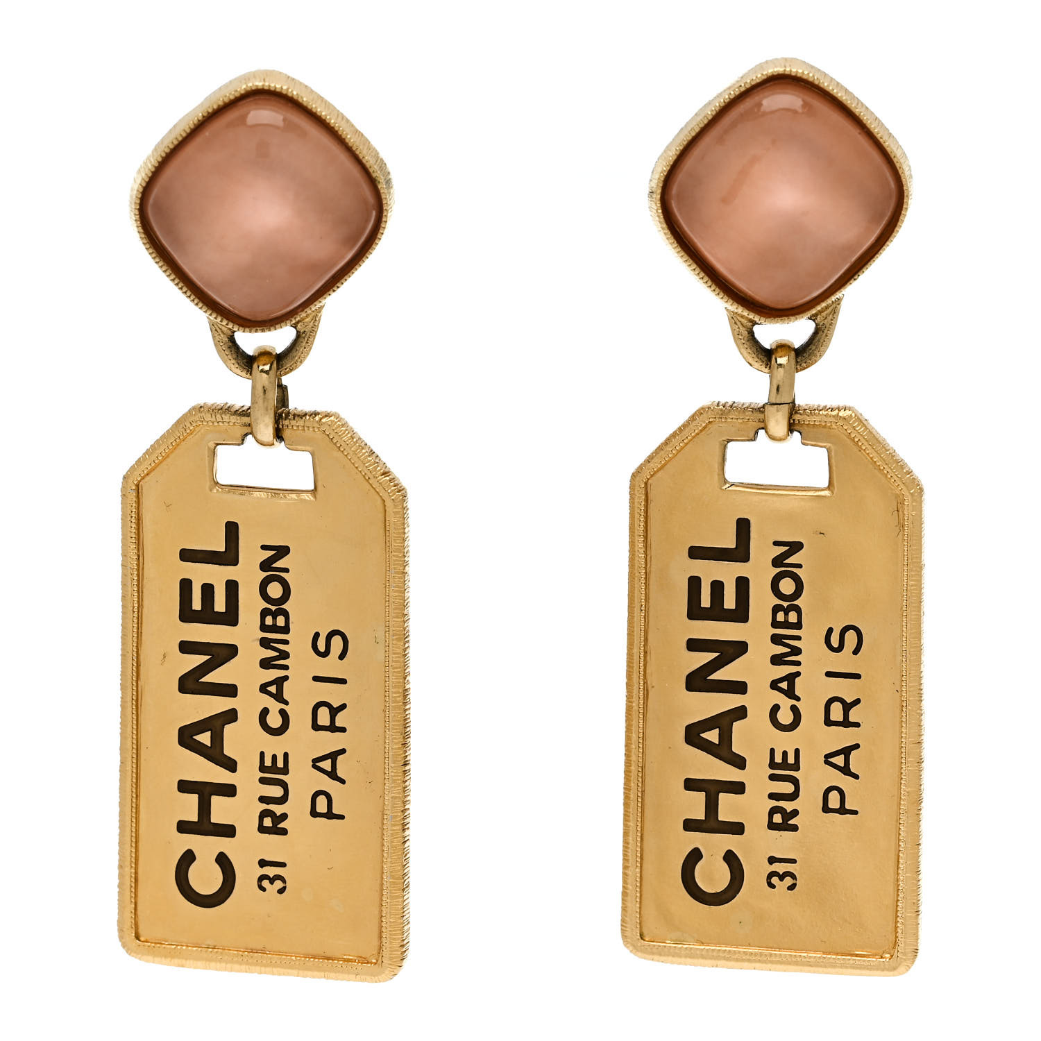 CHANEL CC Tags Drop Earrings Gold Pink 1684520 | FASHIONPHILE