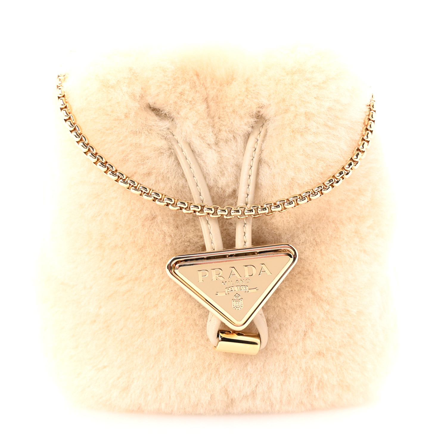 PRADA Shearling Metal Triangle Logo Mini Drawcord Pouch