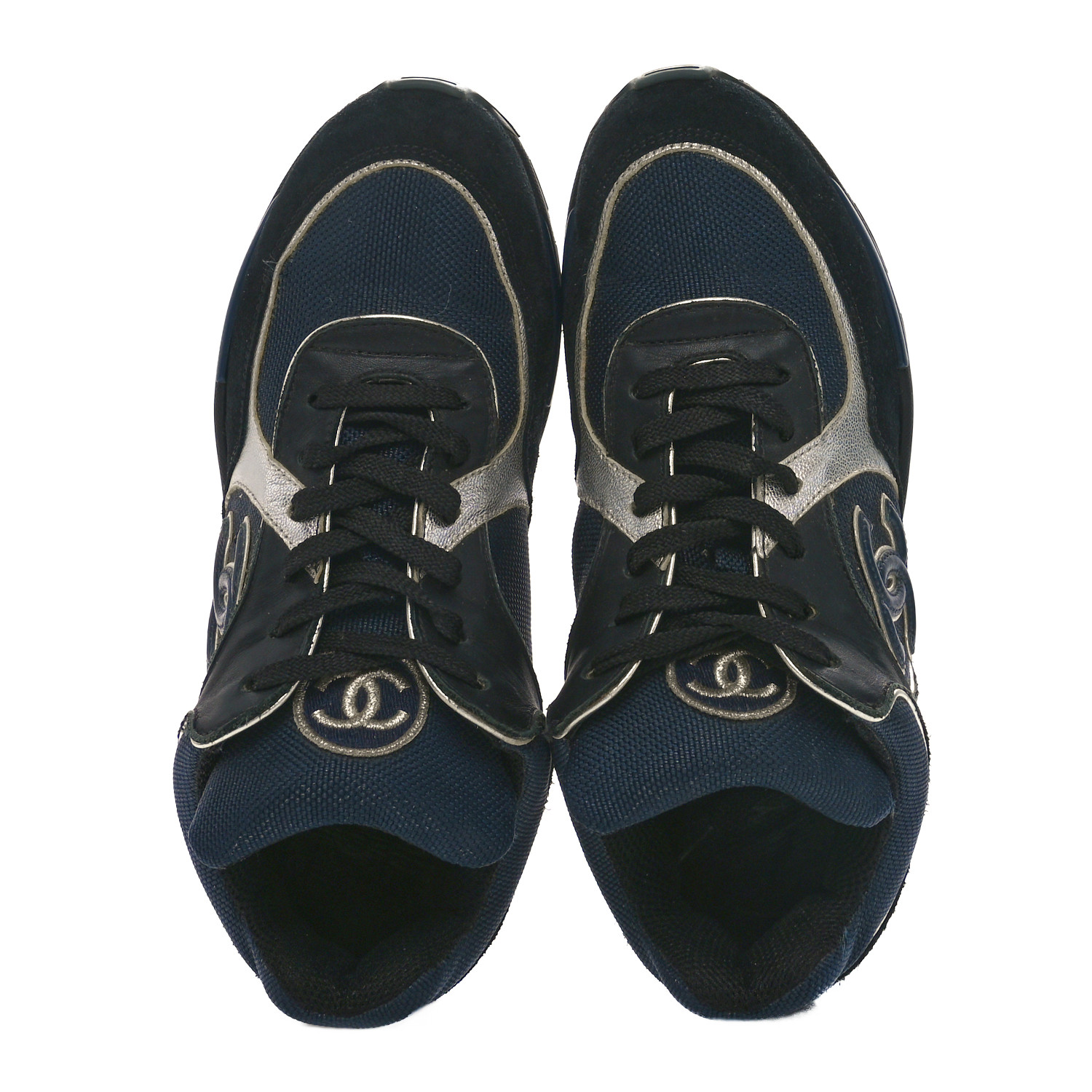 CHANEL Mesh Suede Calfskin Womens CC Sneakers 36 Dark Blue