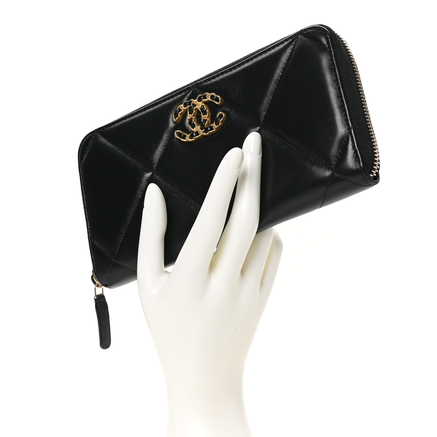 CHANEL Lambskin Quilted 19 Long Zipped Around Wallet Black