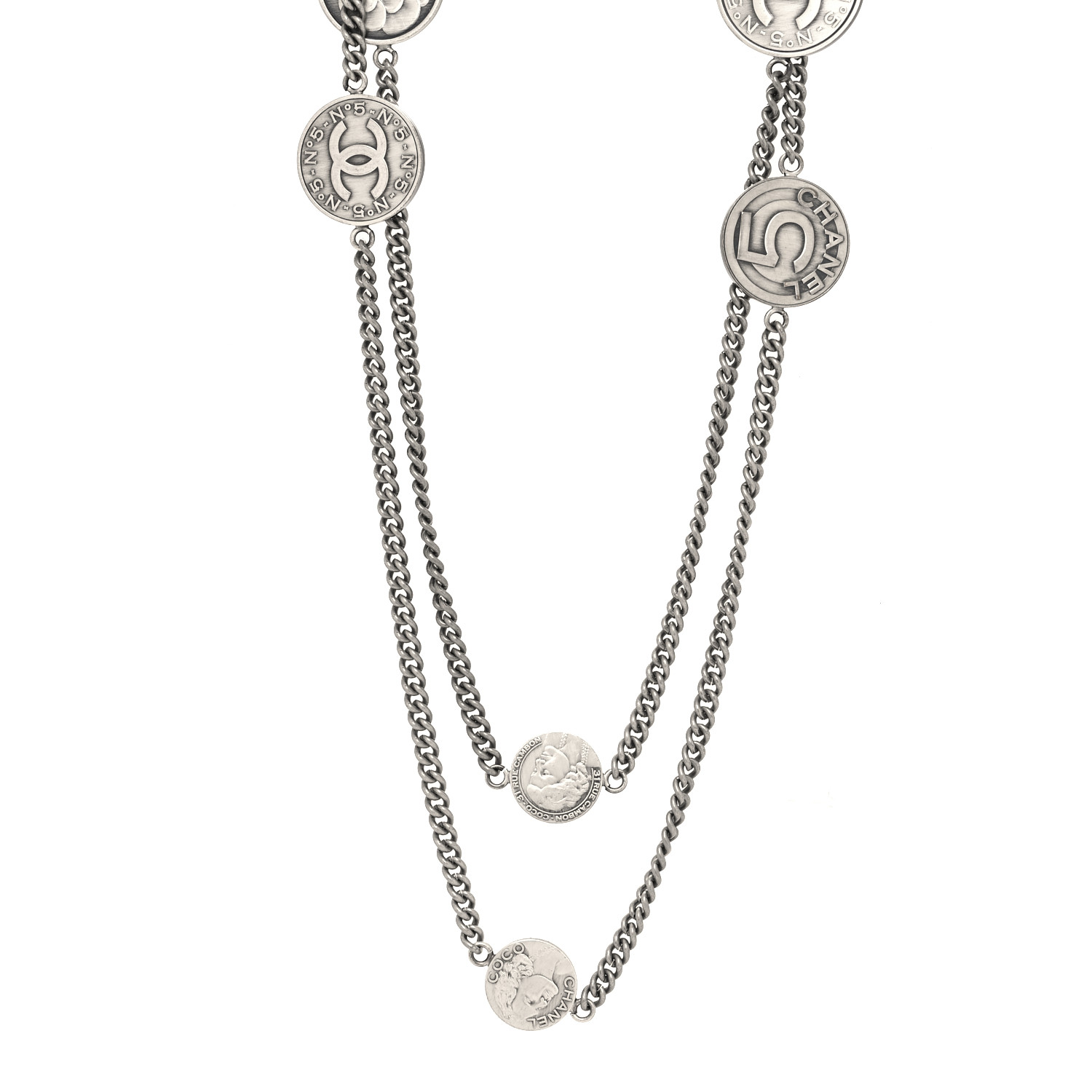 25A◆上品でときめく存在感♪【CHANEL】long pendant necklace CHANEL Metal Coin Long Necklace Silver 1635662 | FASHIONPHILE