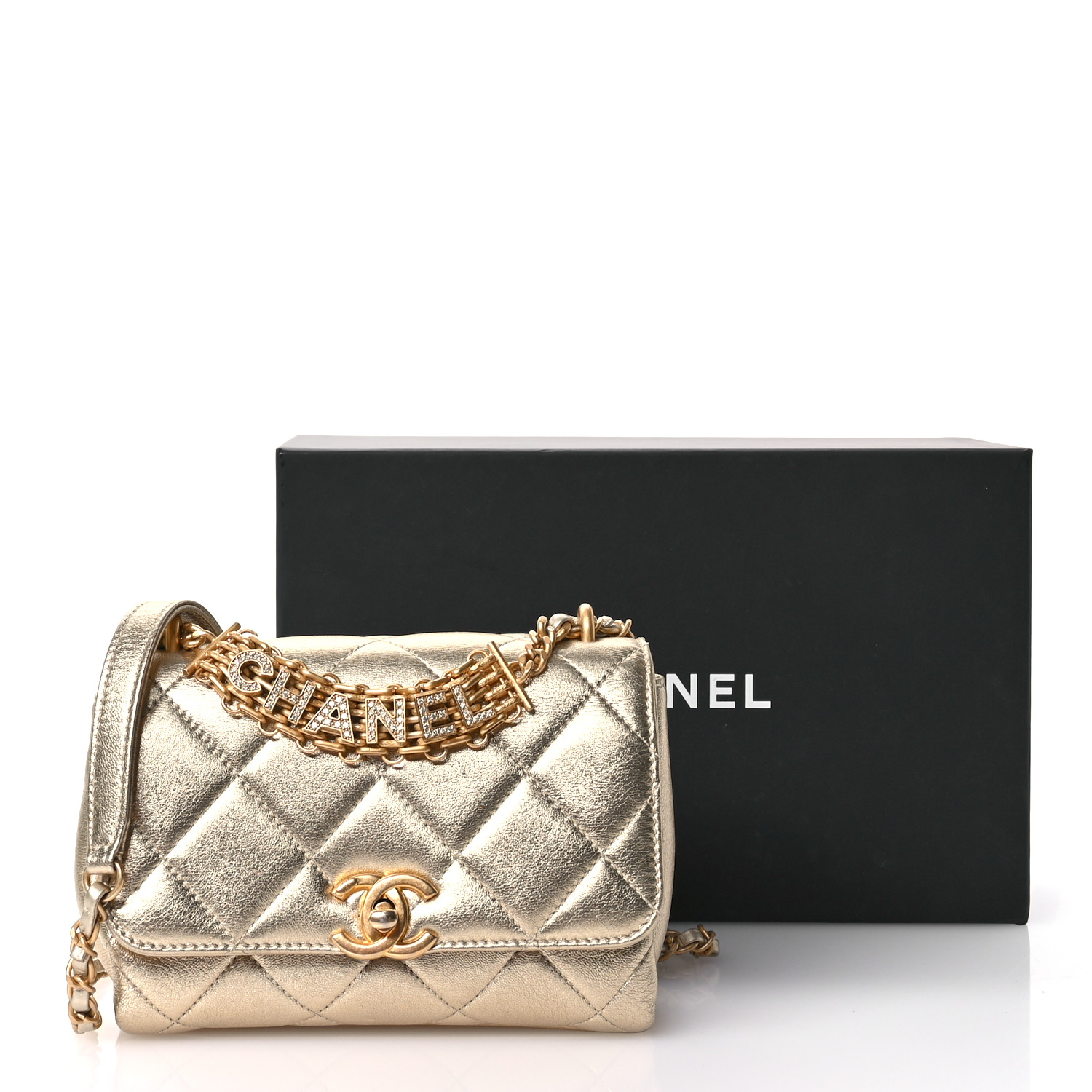 CHANEL Metallic Lambskin Quilted Mini CC Crystal Logo Chain