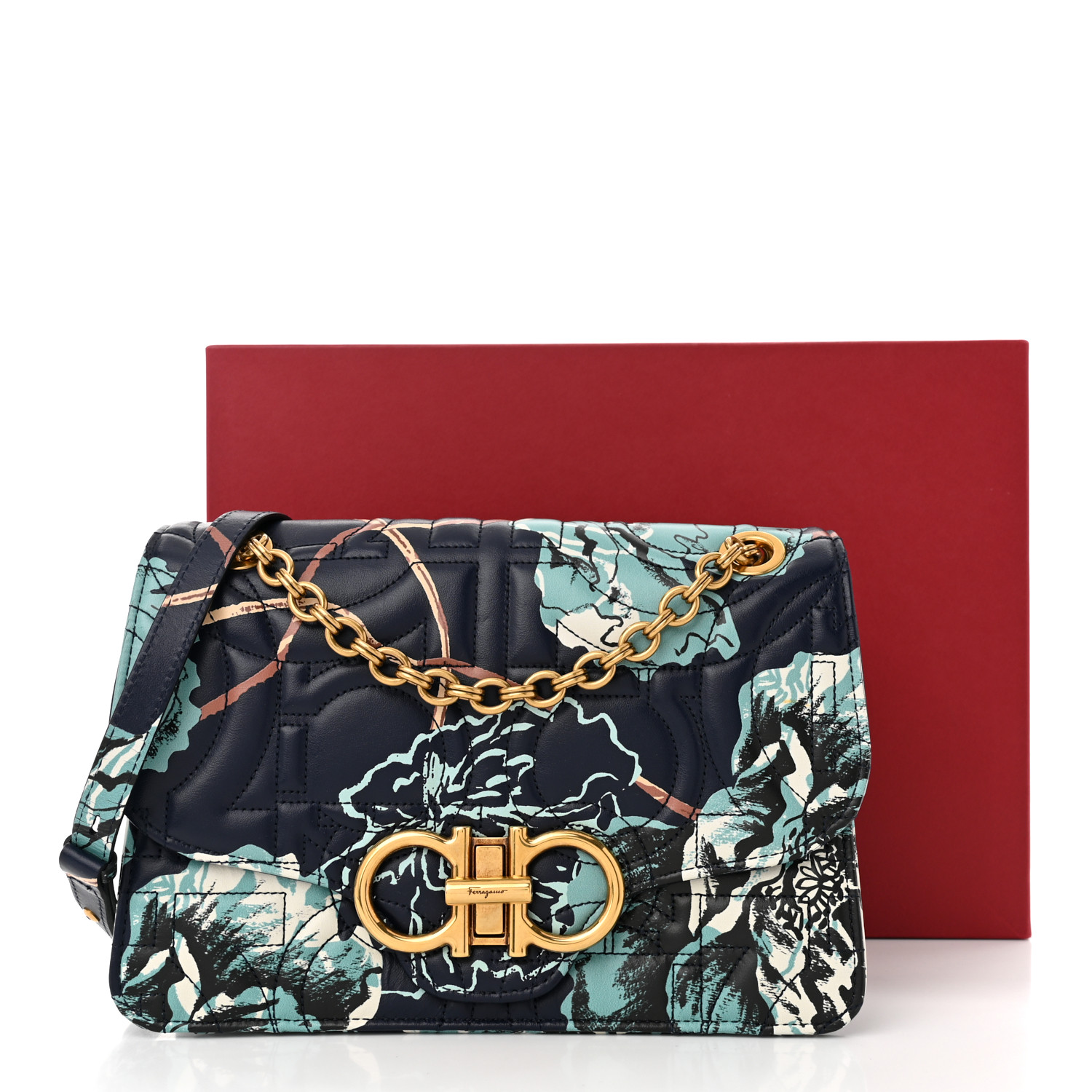 SALVATORE FERRAGAMO Calfskin Quilted Floral Printed Gancini