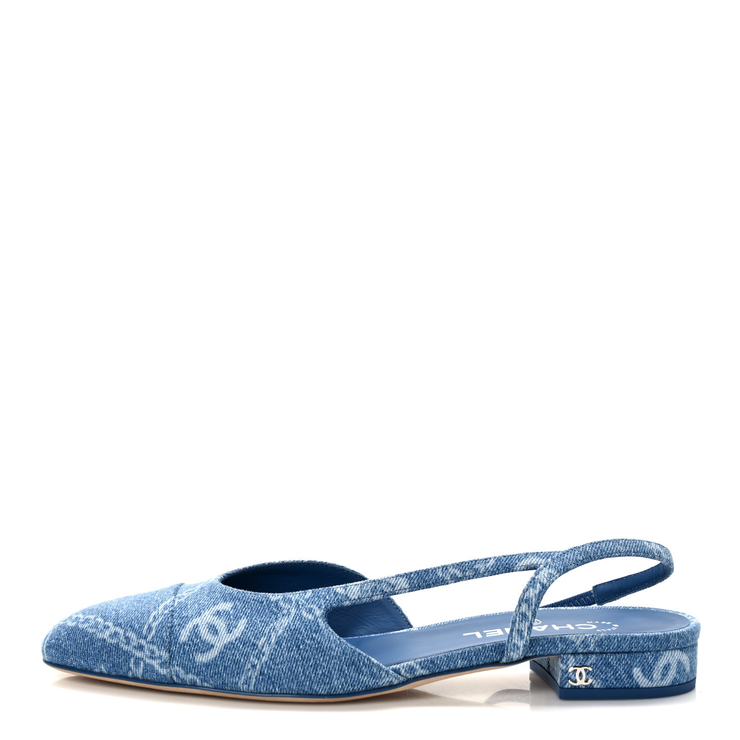 CHANEL Denim Cap Toe CC Slingback Flats 41 Light Blue