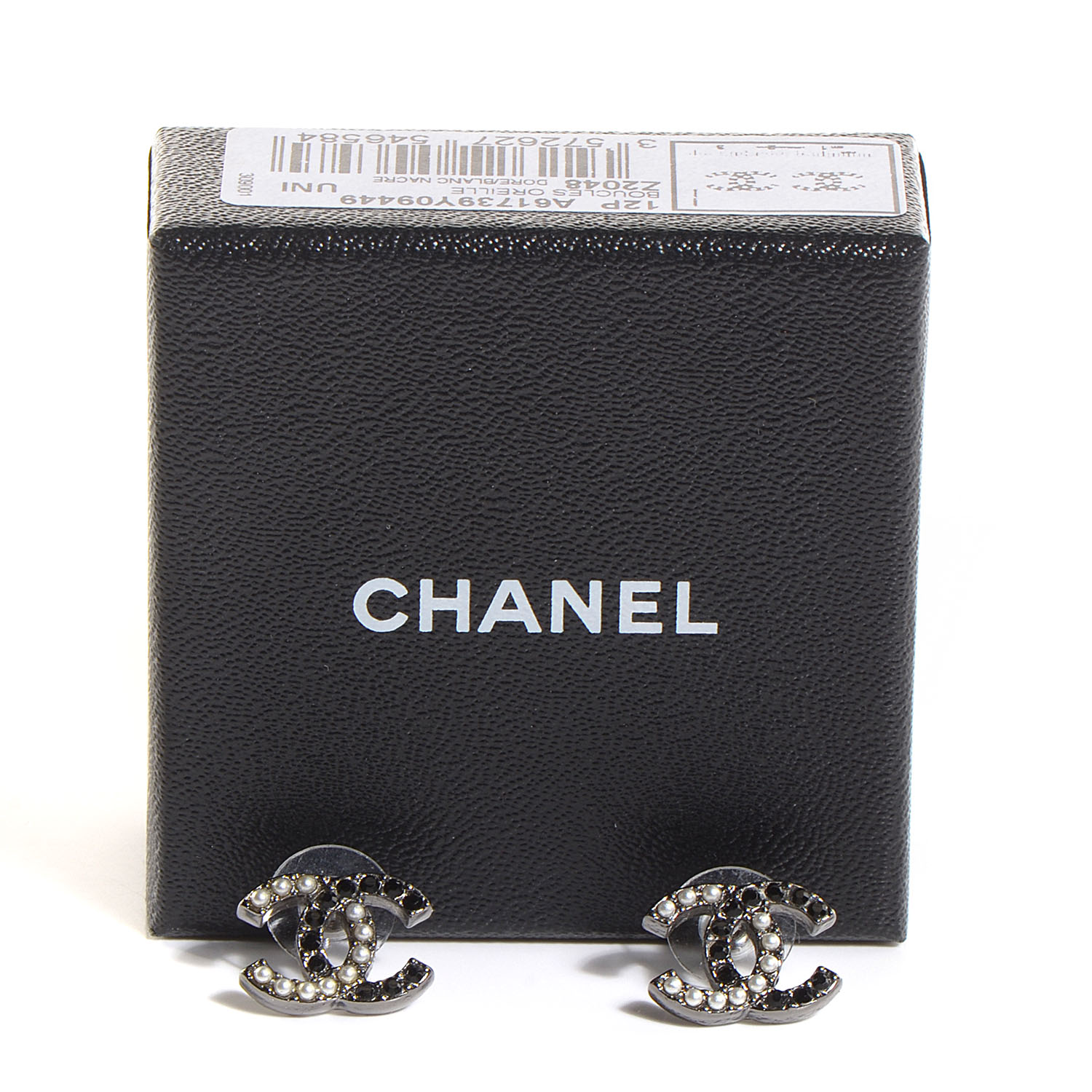 CHANEL Pearl Crystal CC Earrings Black Silver 85777