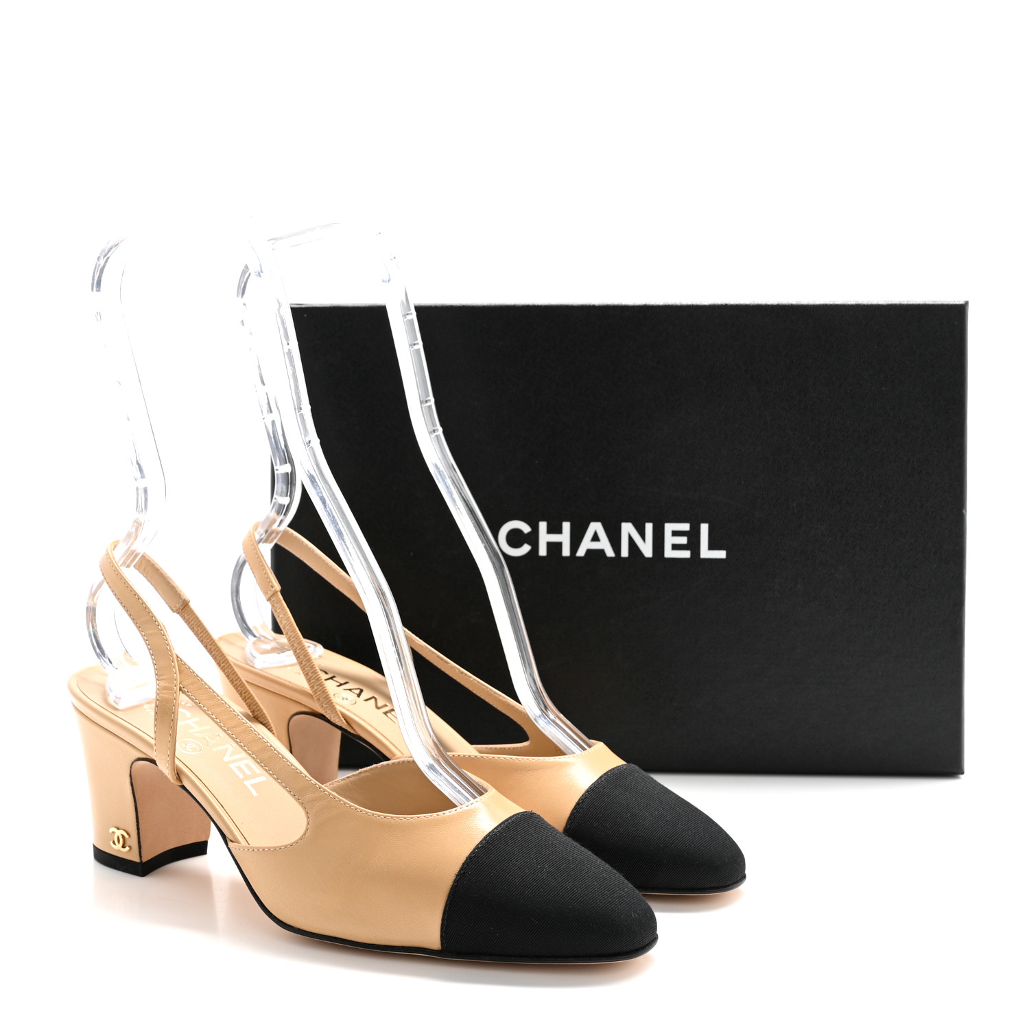 CHANEL Goatskin Grosgrain Cap Toe CC Slingback Pumps 36.5