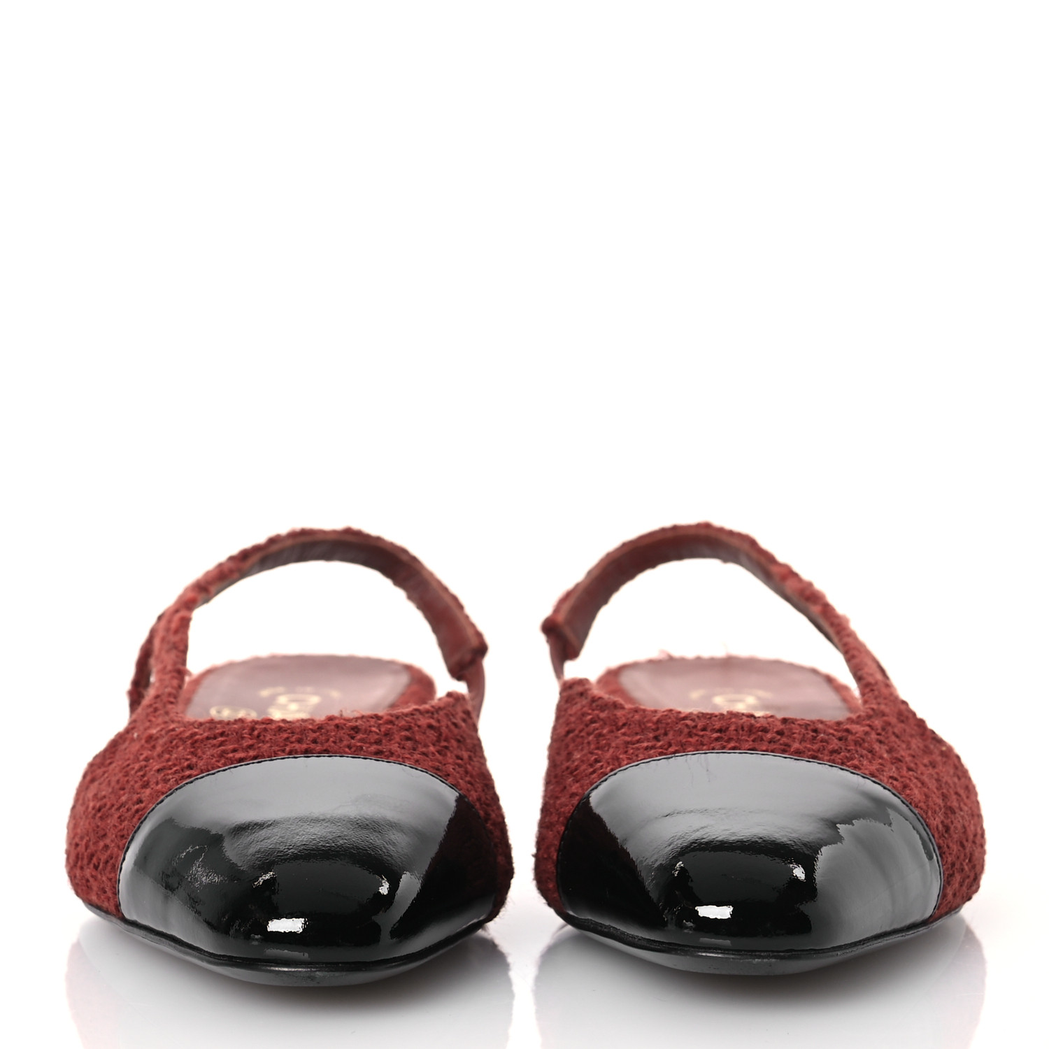 CHANEL Wool Tweed Patent Cap Toe Slingback Flats 37 Brown