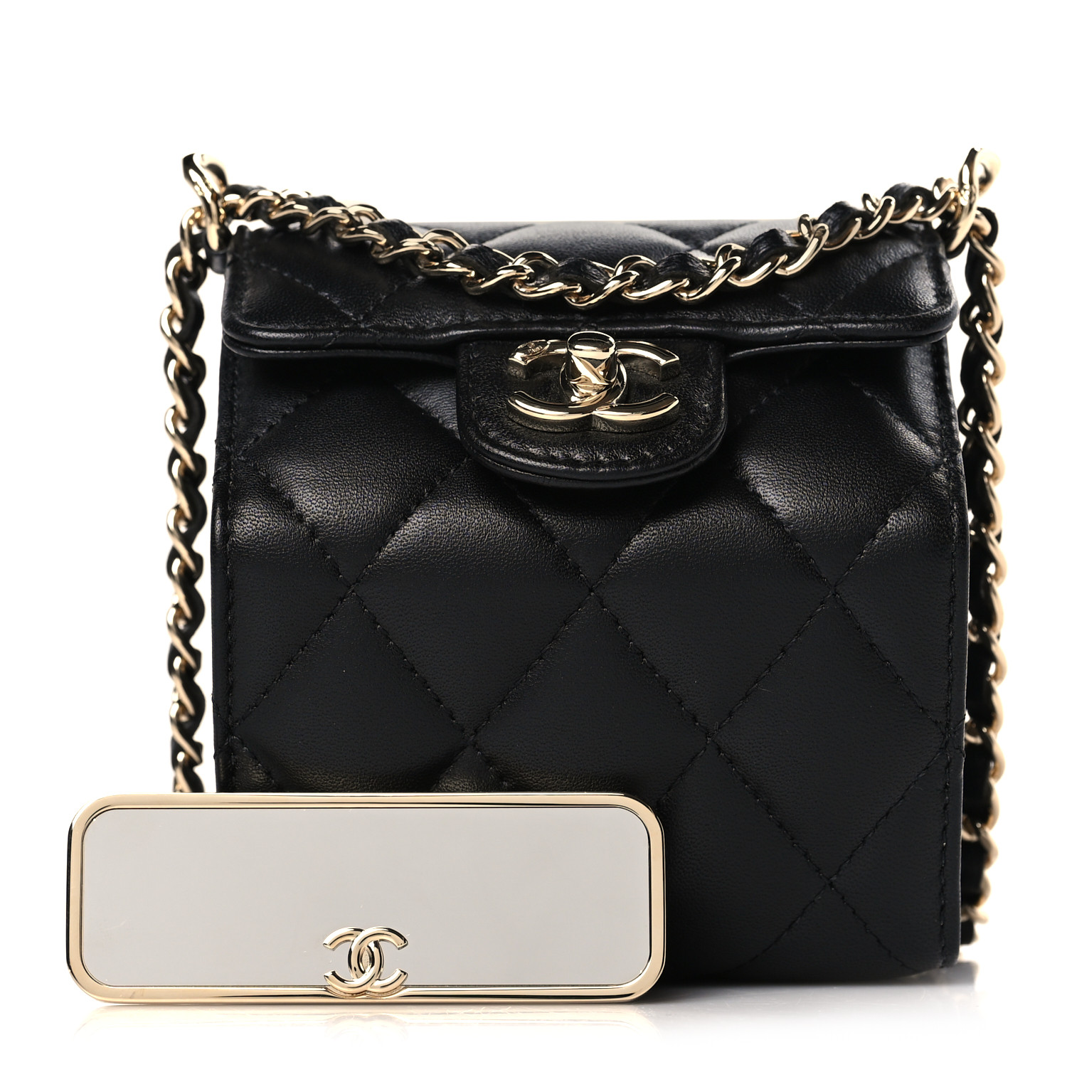 CHANEL Lambskin Quilted Foldable Jewelry Box With Chain Black