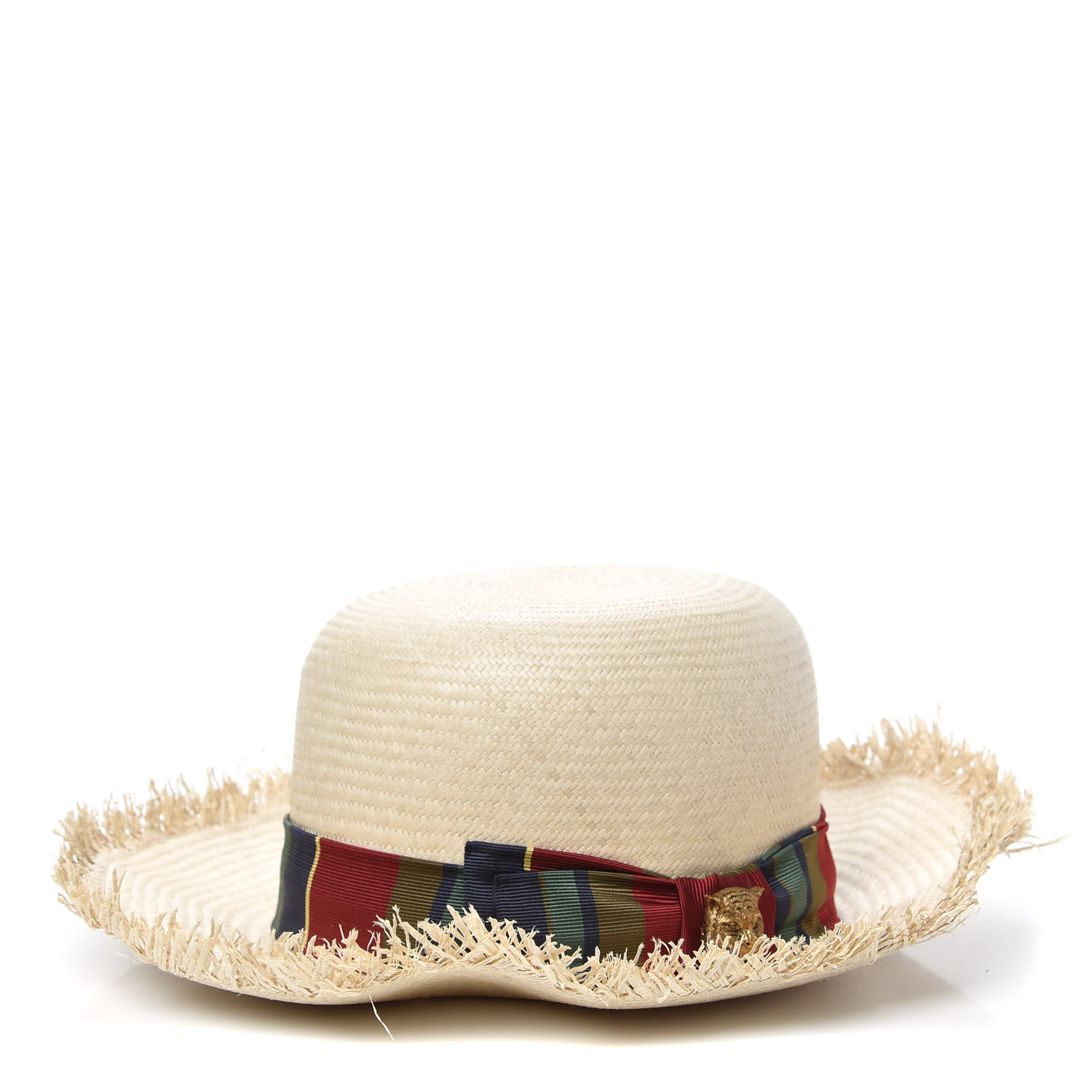 GUCCI Raffia Ribbon Striped Panama Hat 59 Natural 696355