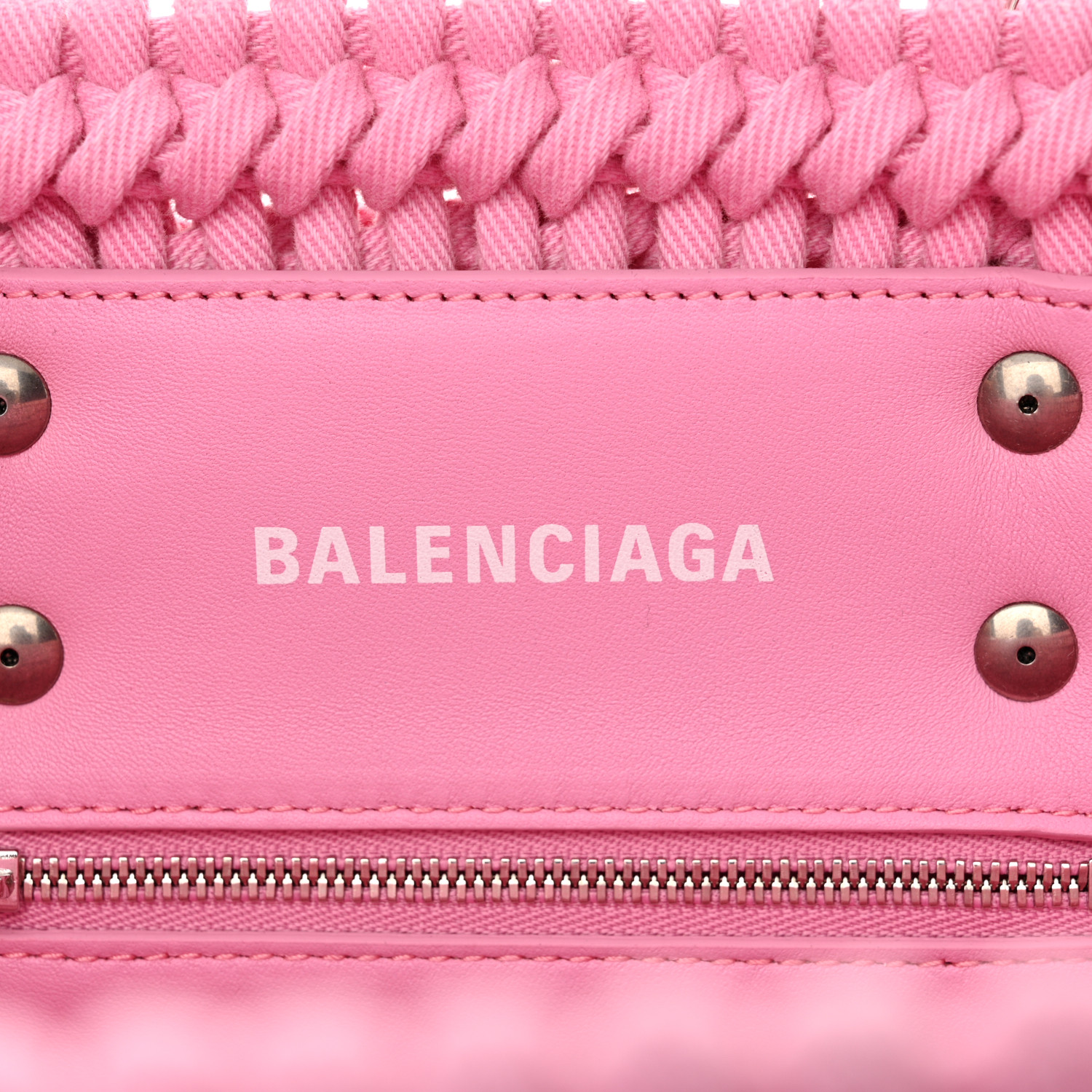 BALENCIAGA Washed Frayed Denim Braided XS Bistro Basket Pink