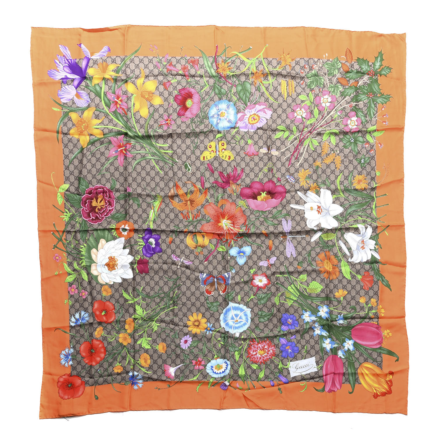GUCCI Silk Monogram Flora Fluo Square Scarf Orange 605908
