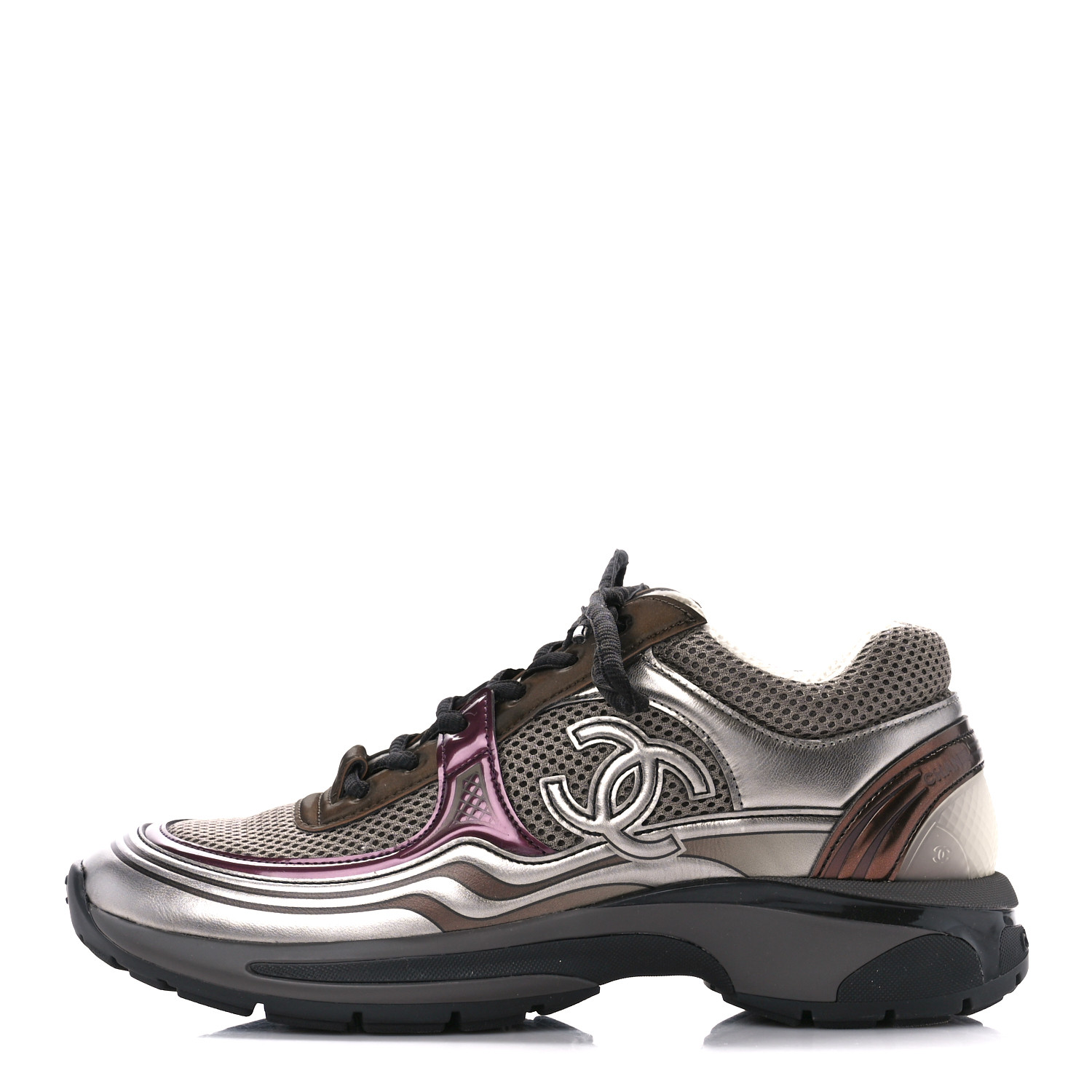 CHANEL Fabric Laminated Calfskin Stretch CC Womens Sneakers