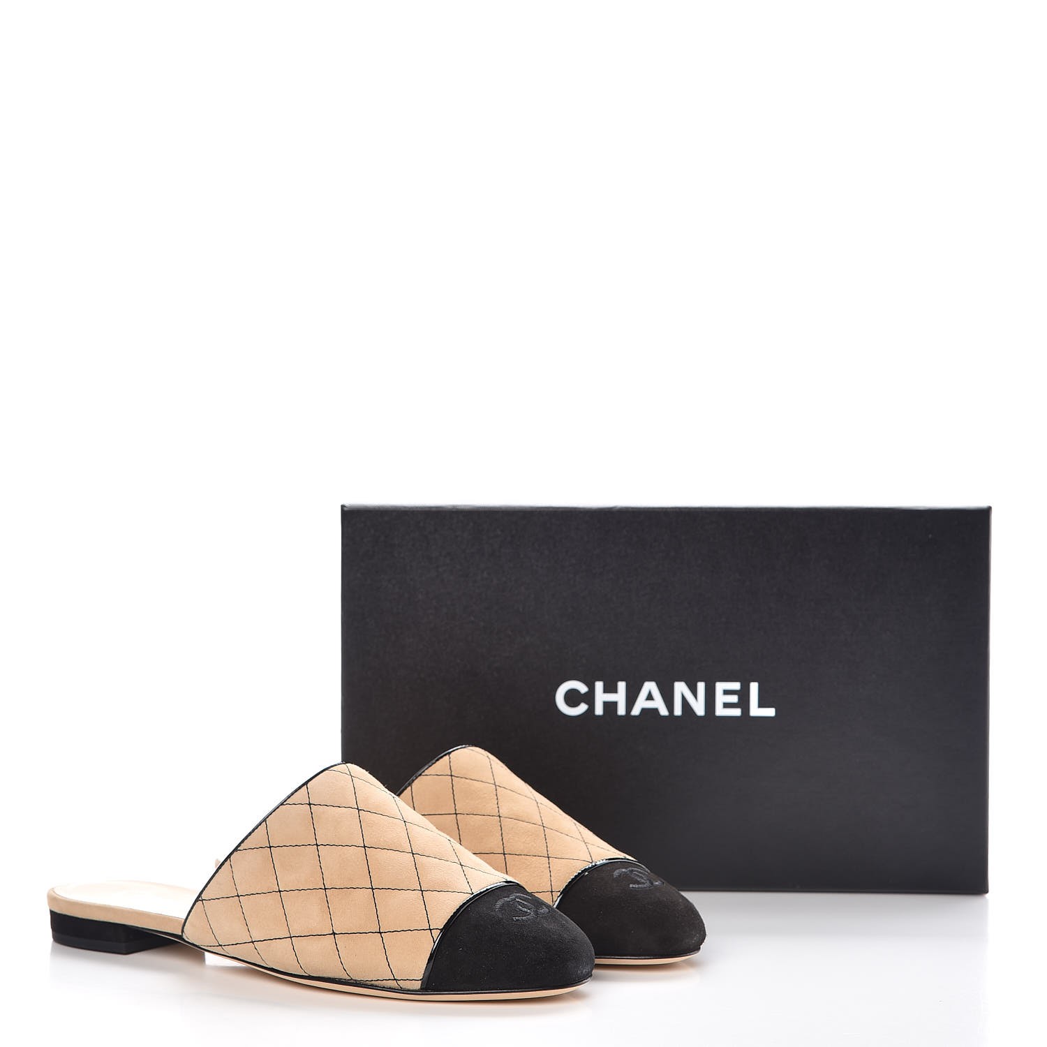 CHANEL Suede Quilted Mules 39 Beige Black 326693 | FASHIONPHILE