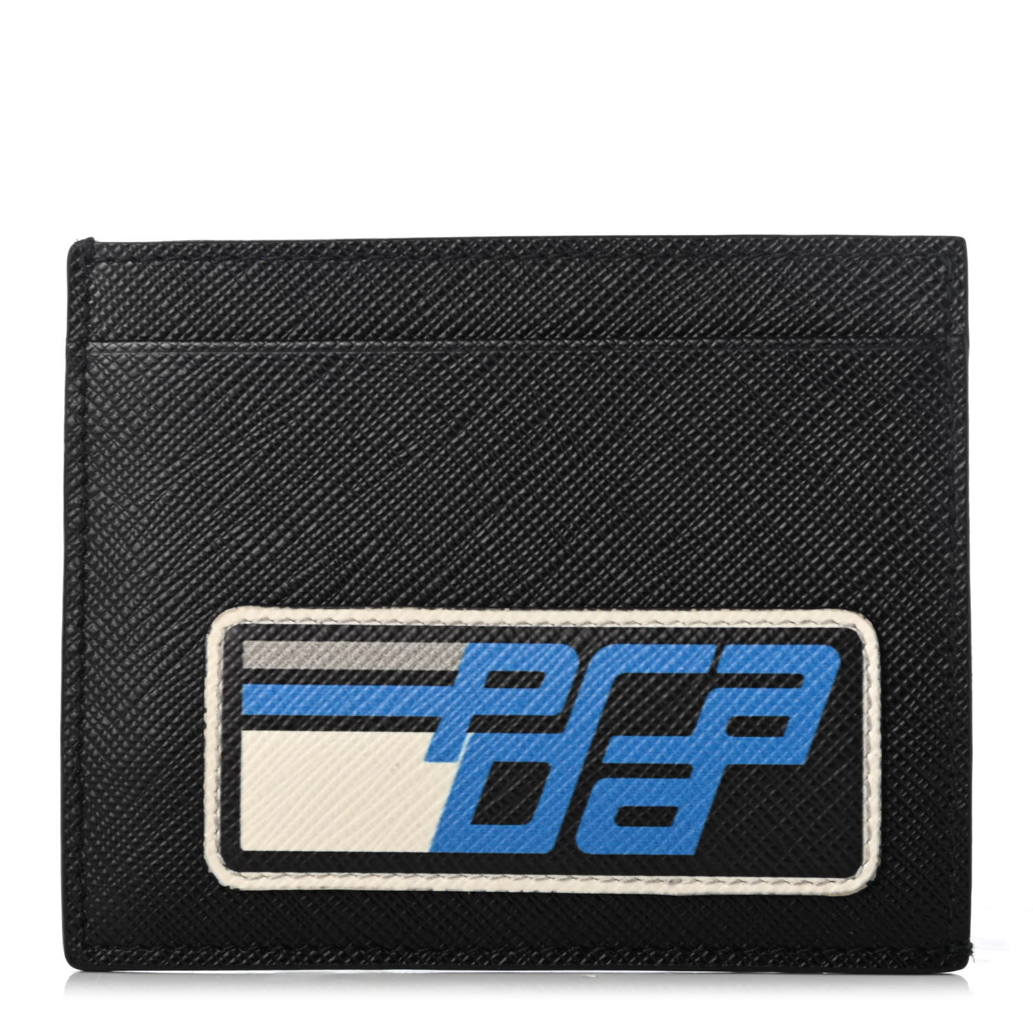 PRADA Saffiano Racing Logo Patch Card Holder Black Azzurro