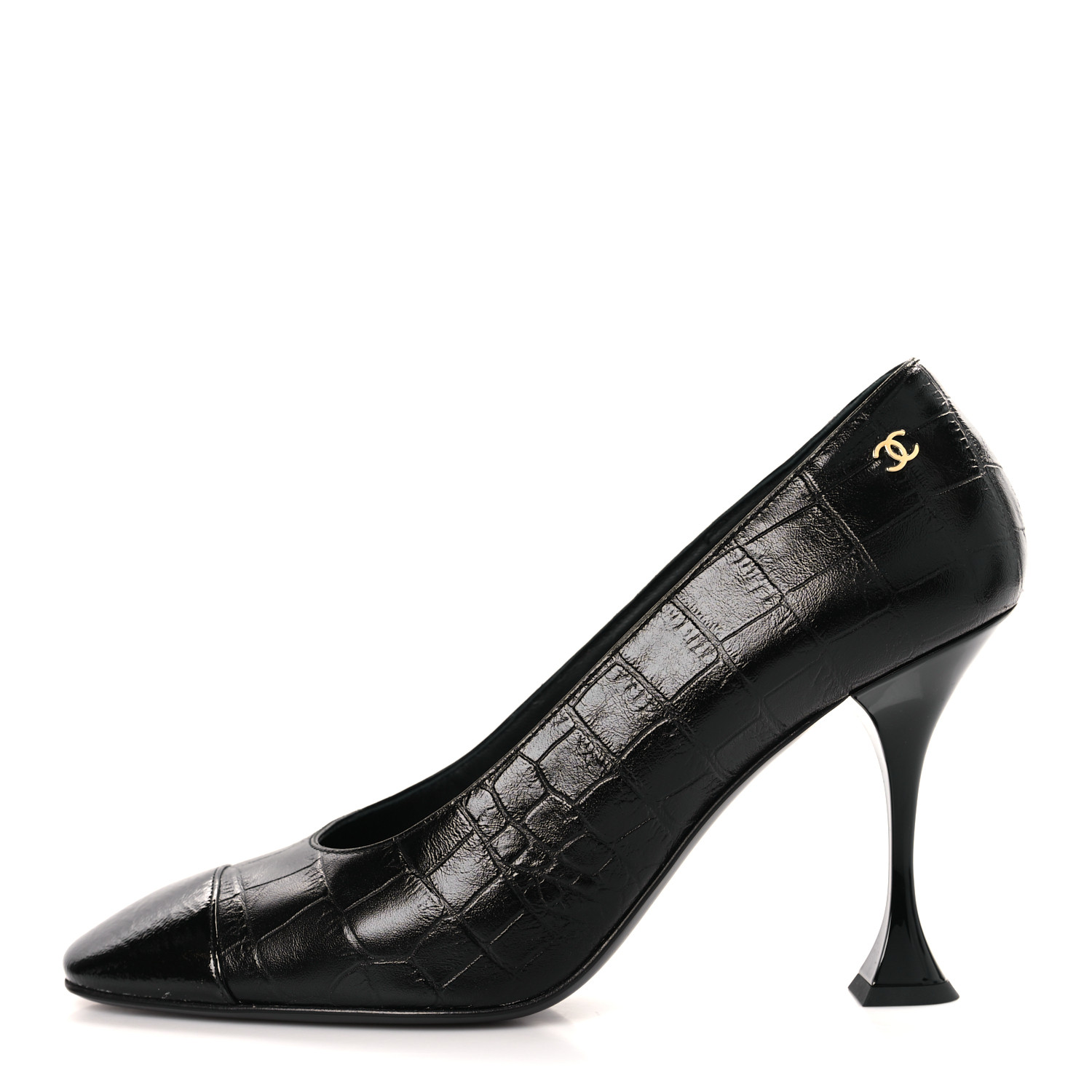 ヒール90mm 25S★【CHANEL】スリングバック 刺繍 BLACK CHANEL Patent Leather CC Logo Cap Toe Sling Back Pumps Black