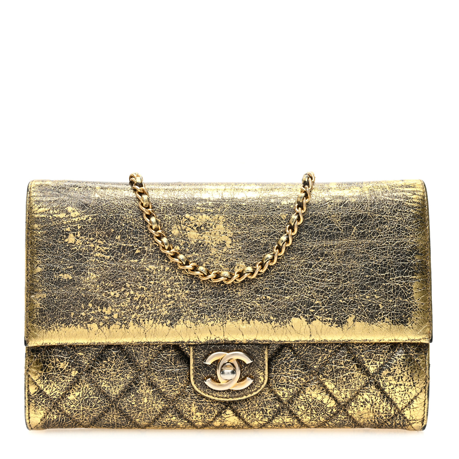 CHANEL Cracked Metallic Calfskin Quilted Zip Away Chain