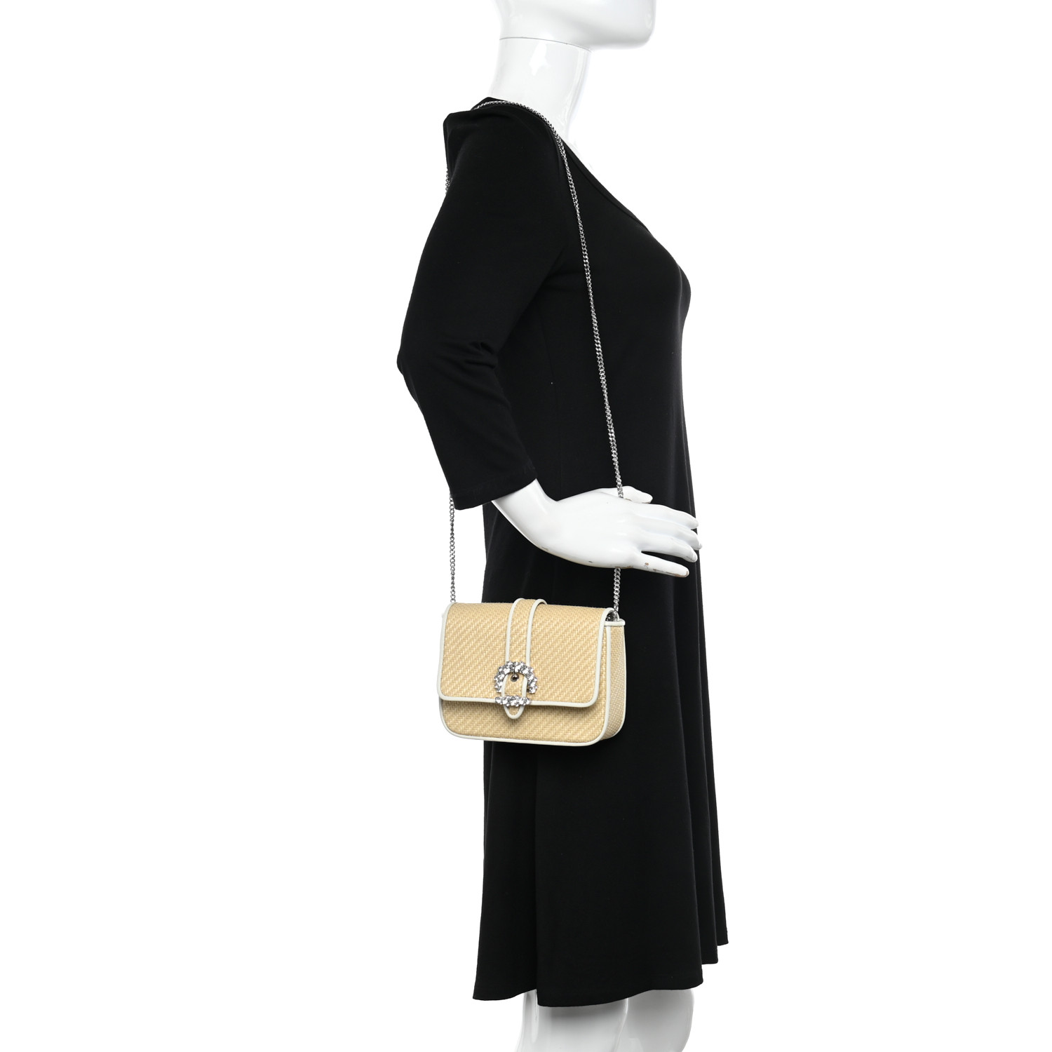 JIMMY CHOO Raffia Calfskin Crystal Cheri Wallet on Chain Bag