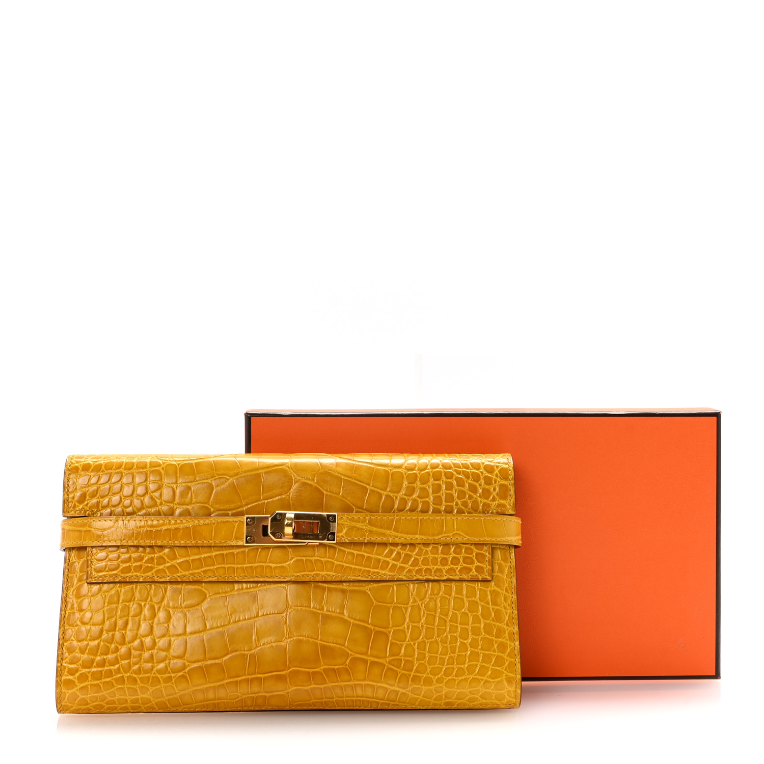 HERMES Shiny Alligator Kelly Longue Wallet Jaune Ambre