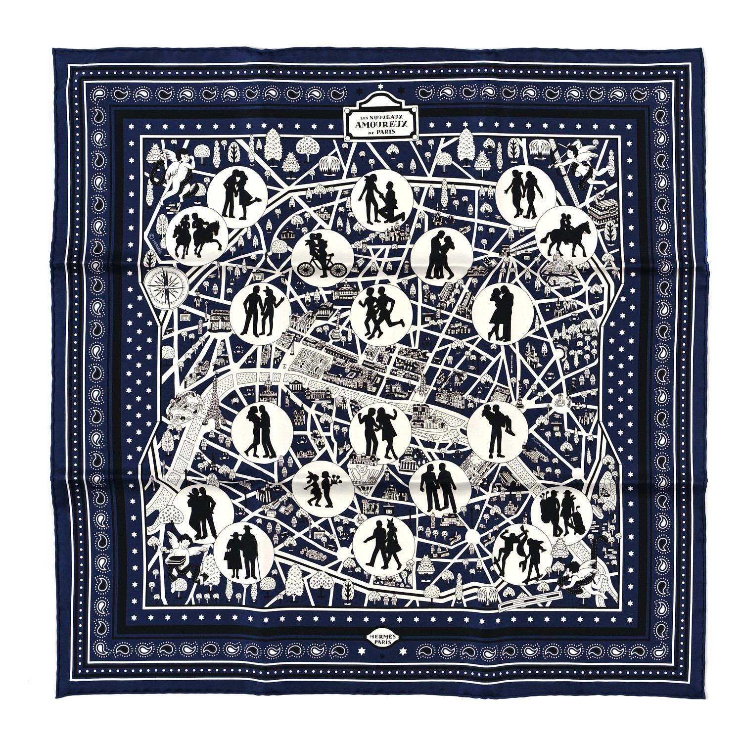 HERMES Silk Les Nouveaux Amoureux de Paris Bandana Scarf 55