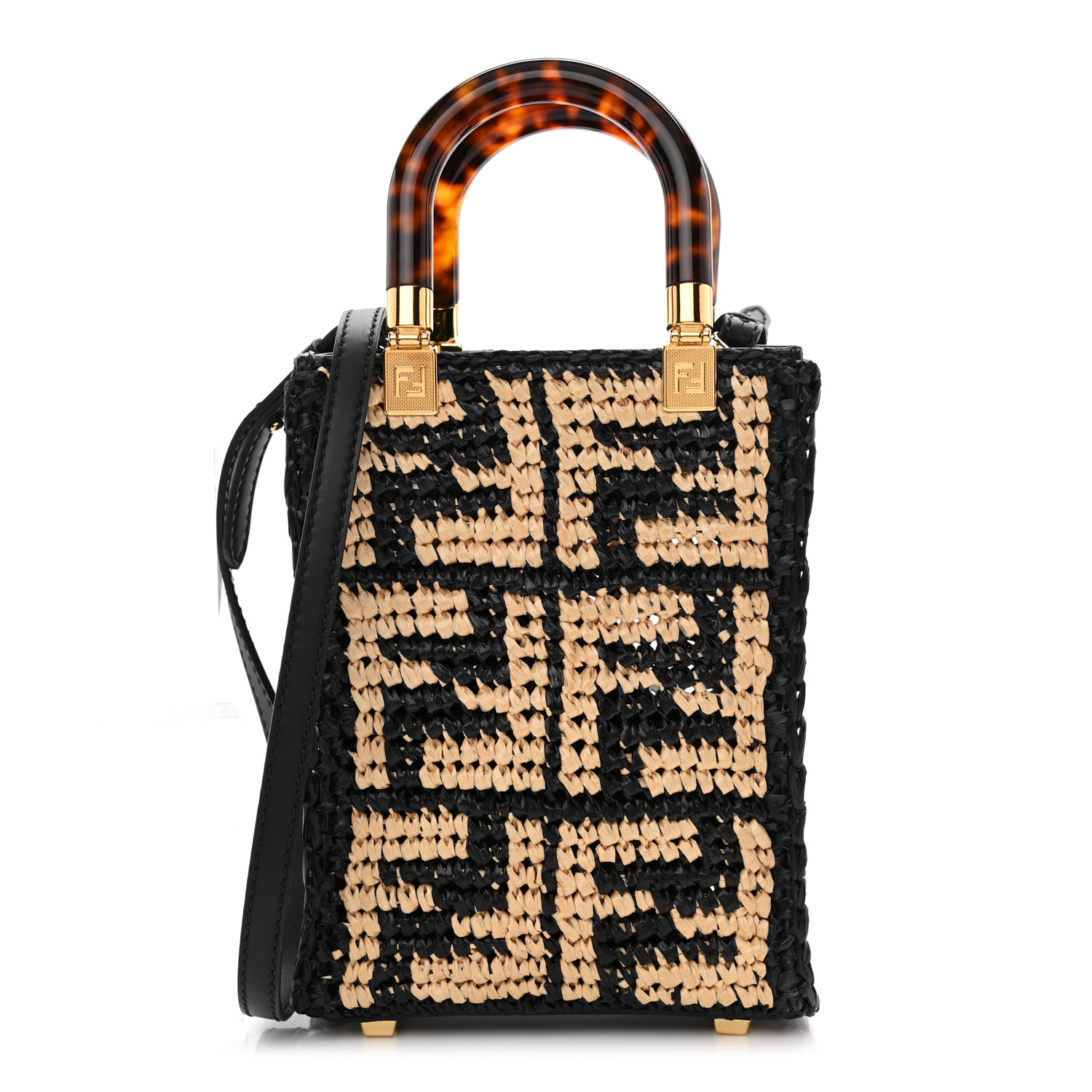 Mini Sunshine Shopper - Black raffia mini bag with crocheted FF