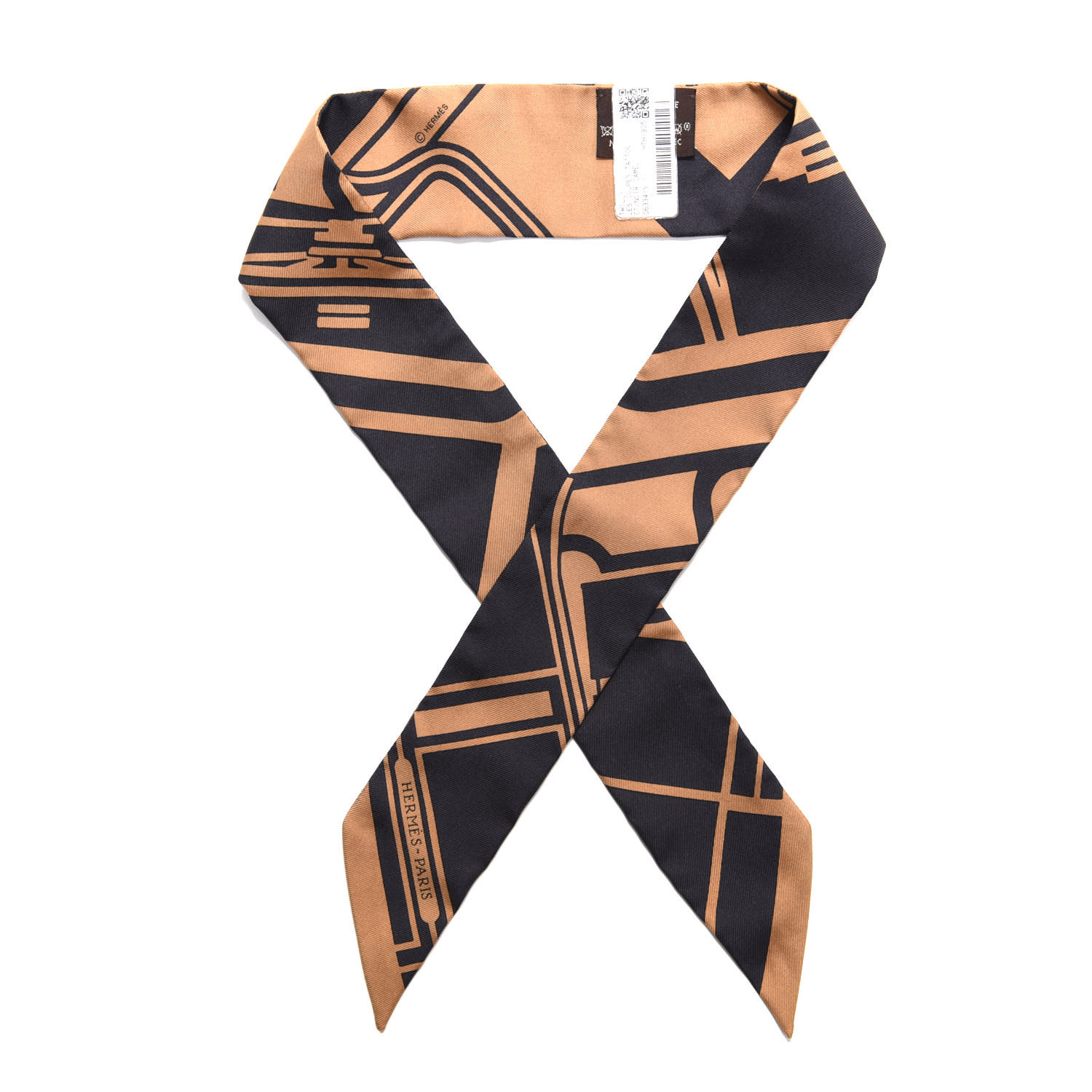HERMES Silk Les Coupes Tattoo Twilly Black Camel 561386