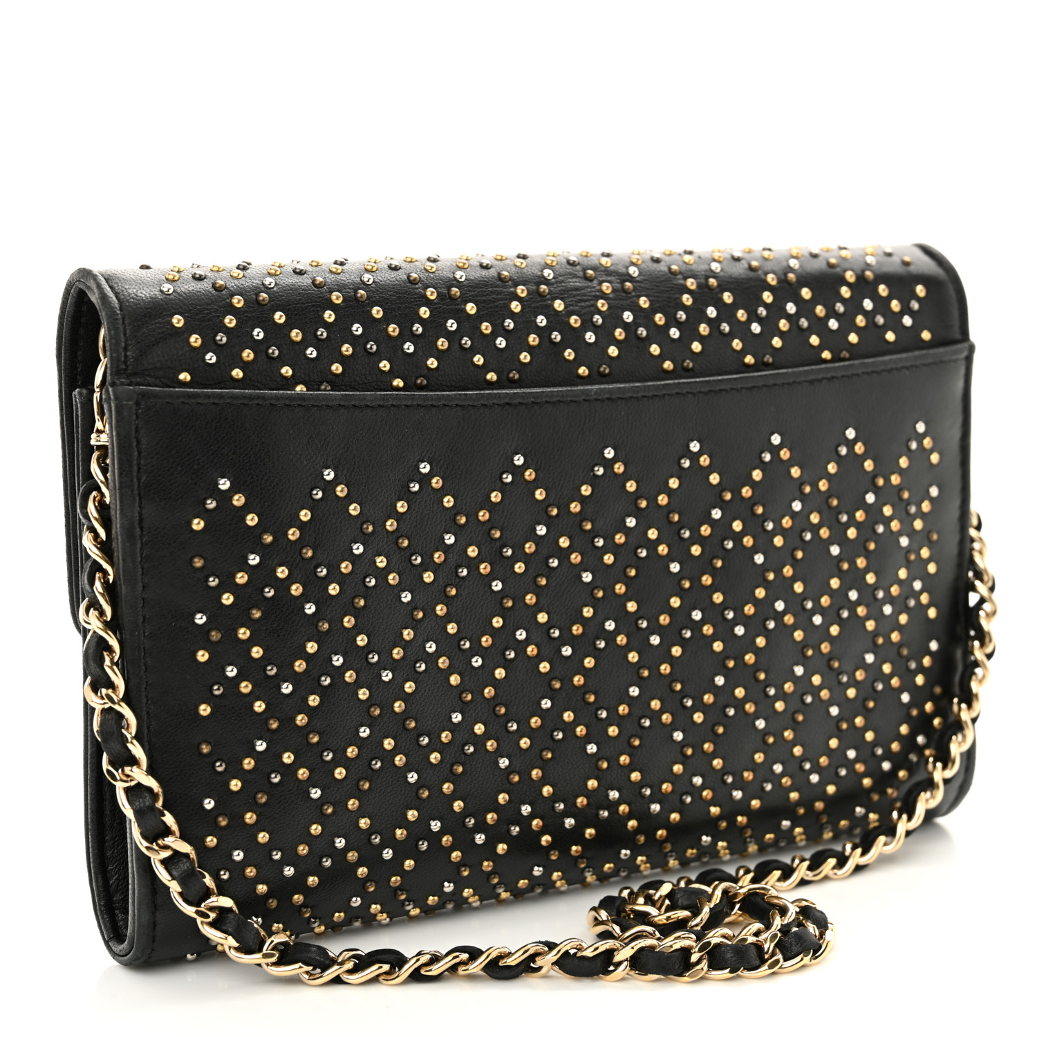 CHANEL Lambskin Studded Wallet on Removable Chain Black