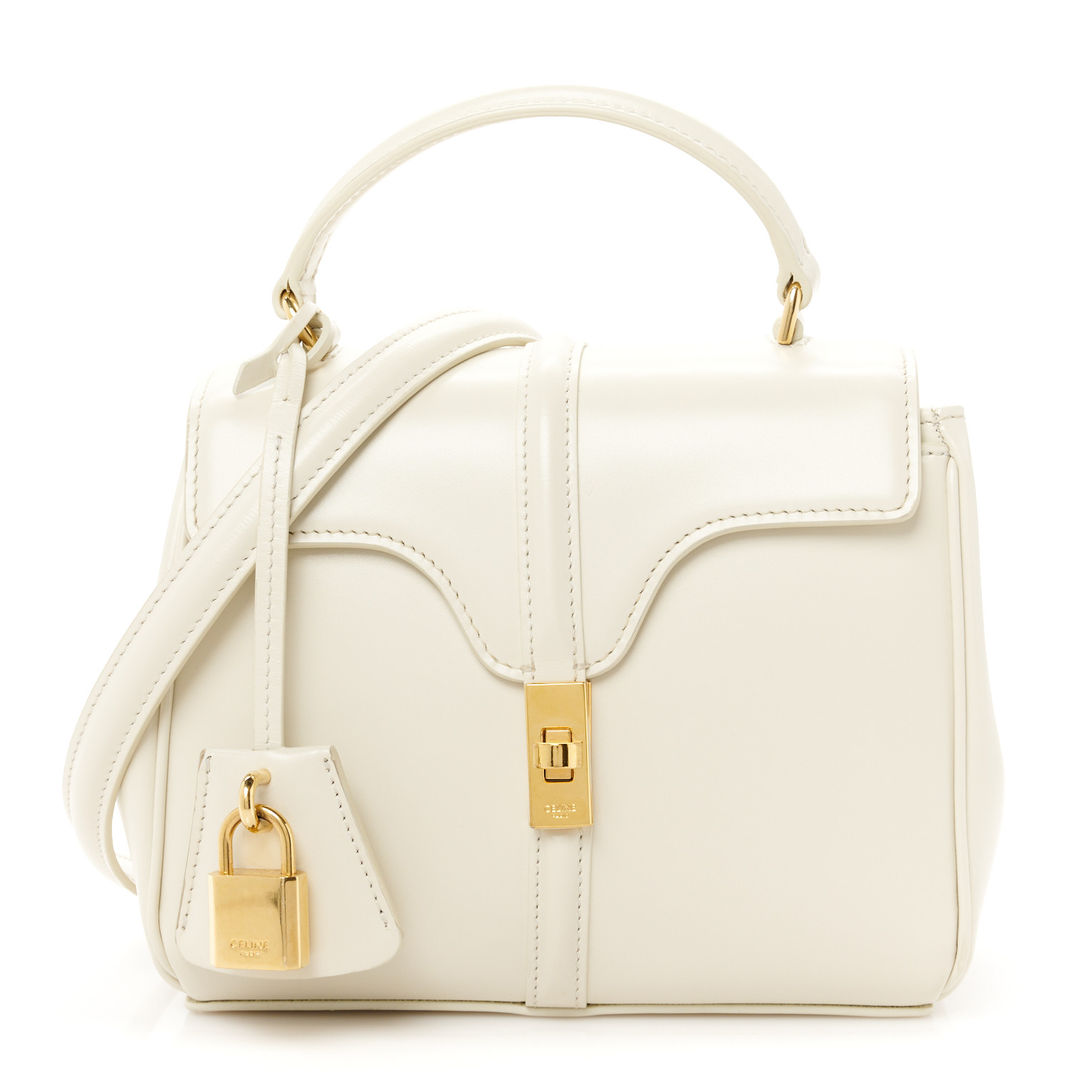 CELINE Satinated Calfskin Mini 16 Top Handle Bag White