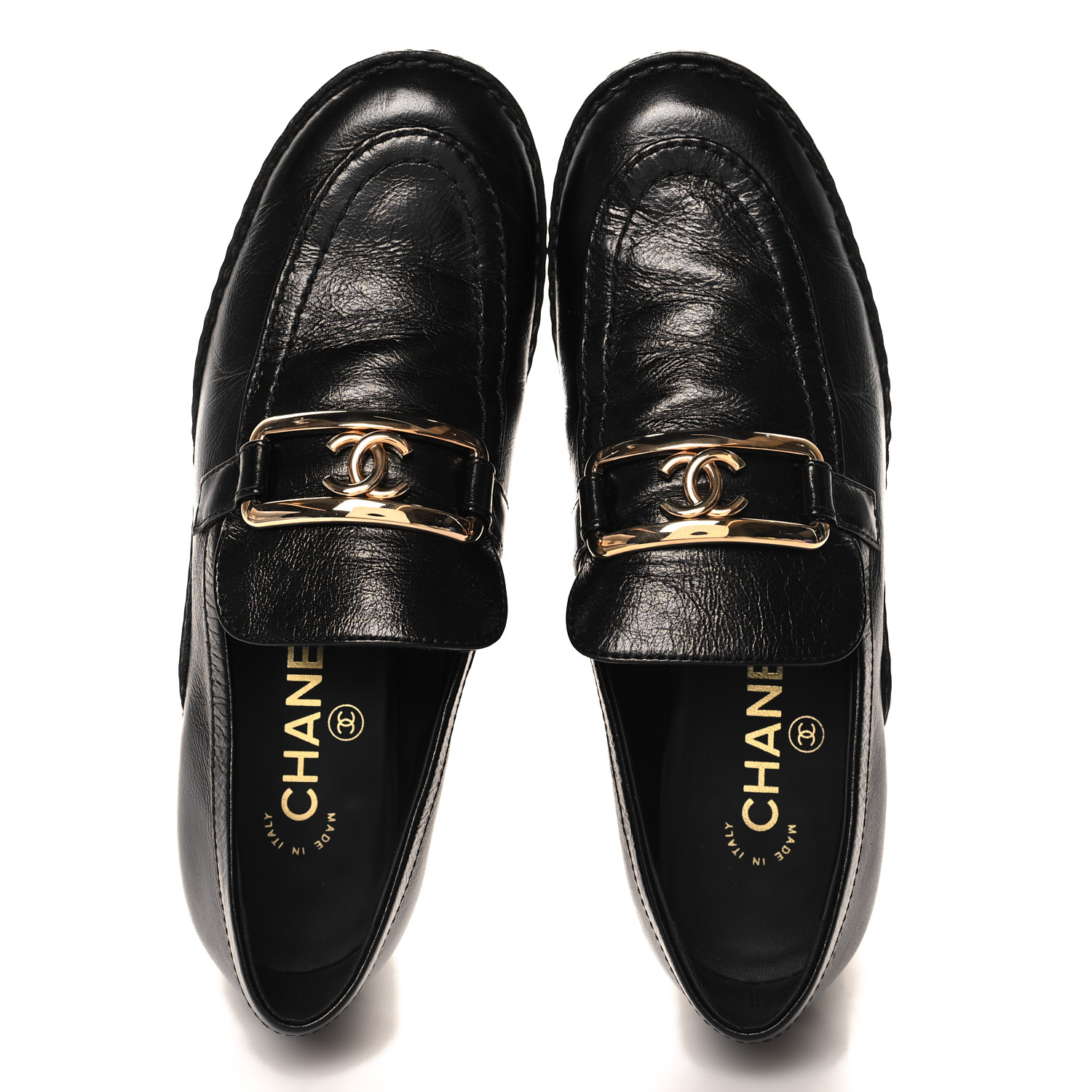名作 CHANEL Shiny Calfskin Metal CC Loafers 37 Black 1663156 靴