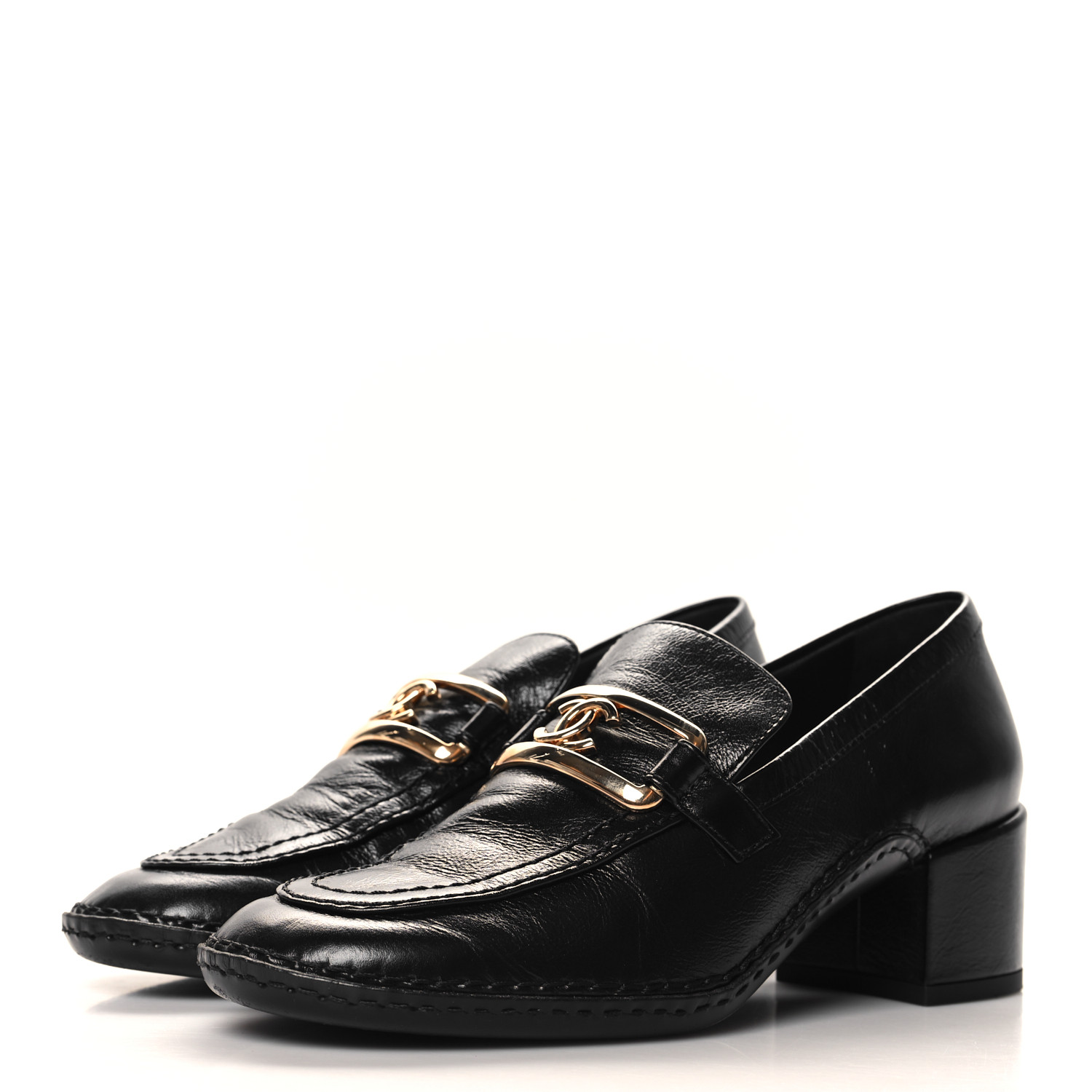 CHANEL Shiny Calfskin Metal CC Loafers 37 Black 1663156