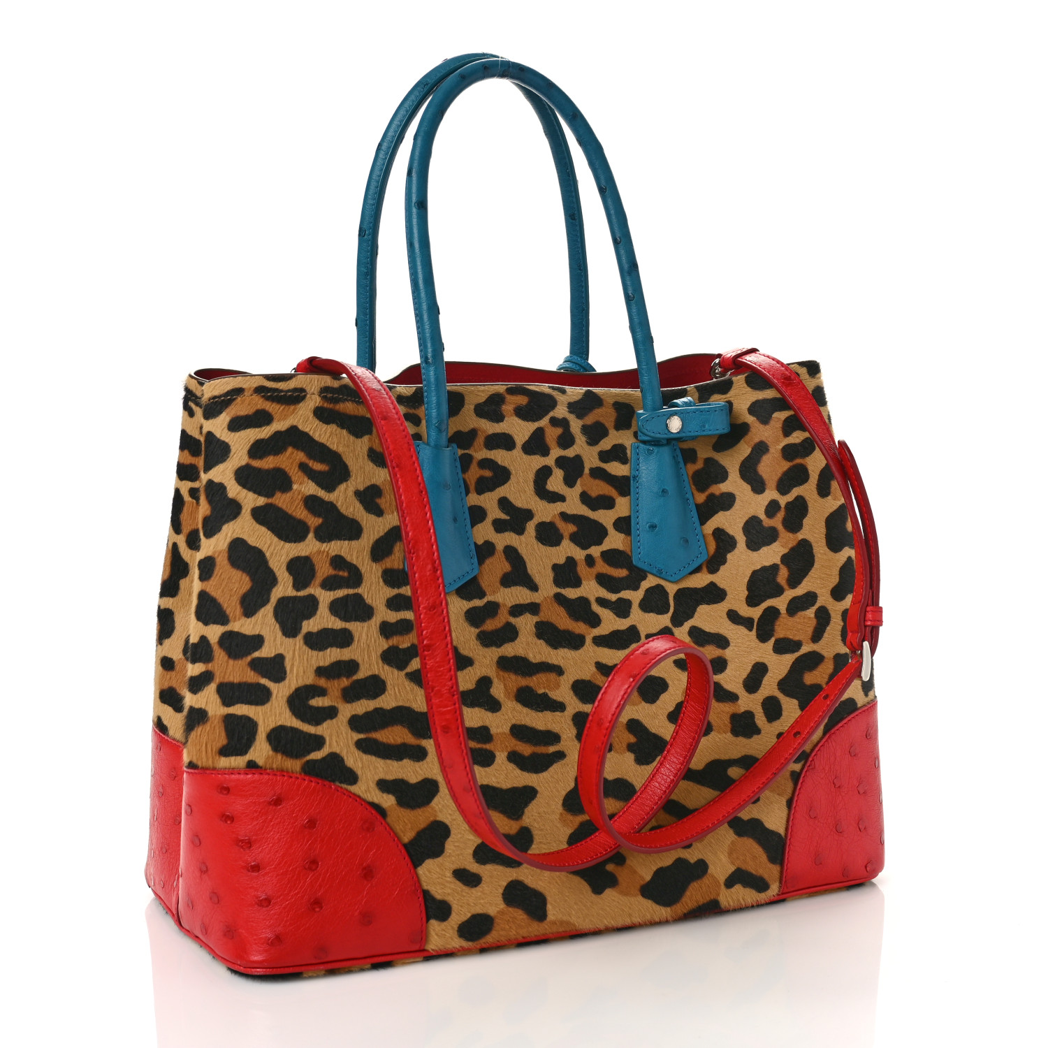 PRADA Calf Hair Ostrich Leopard Print Medium Double Bag