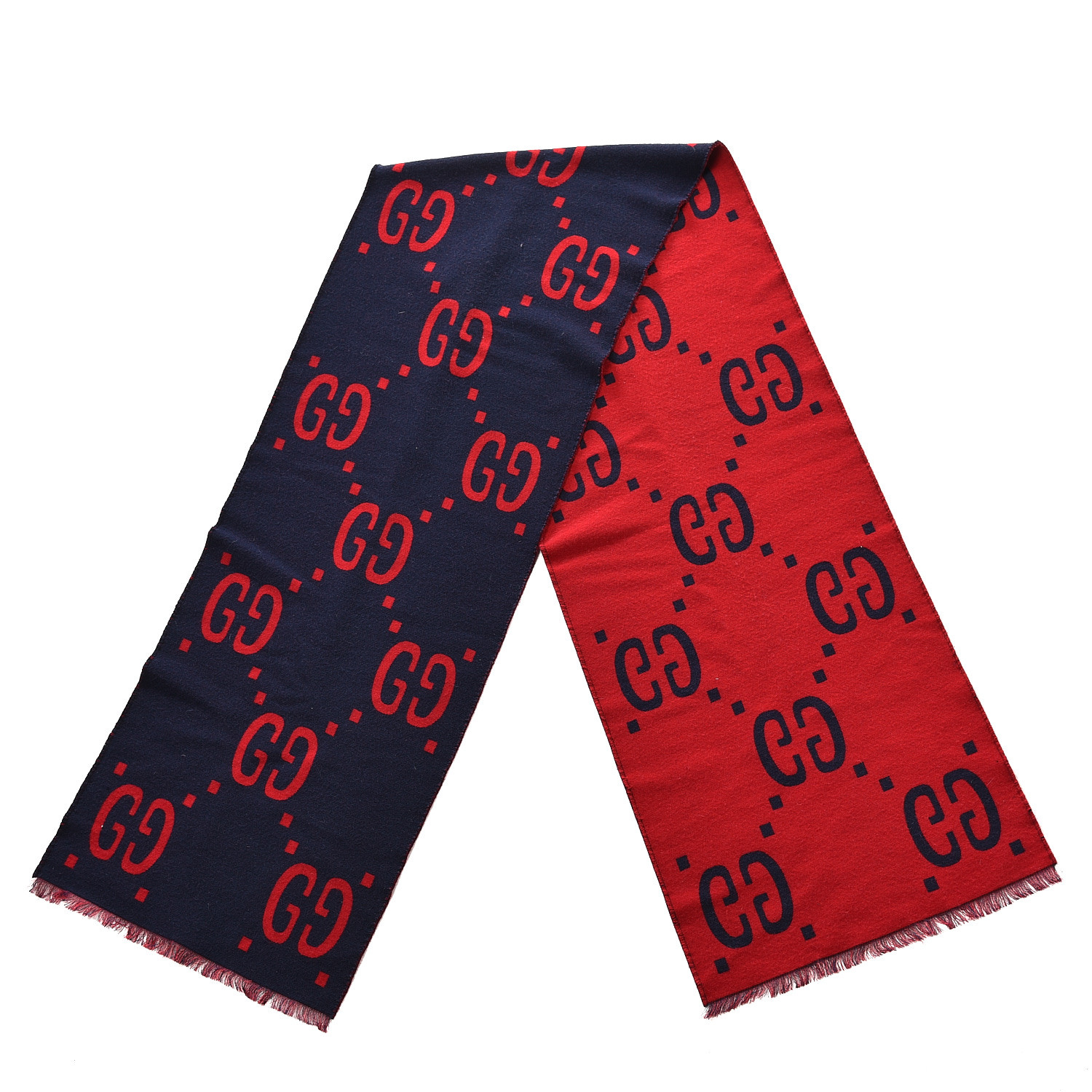 Gucci★素敵！SF Giant Blue Red Ivory Wool Blend Long Scarf Gucci Red/Blue Wool GG Hearts Stars Pattern and Fringe Long