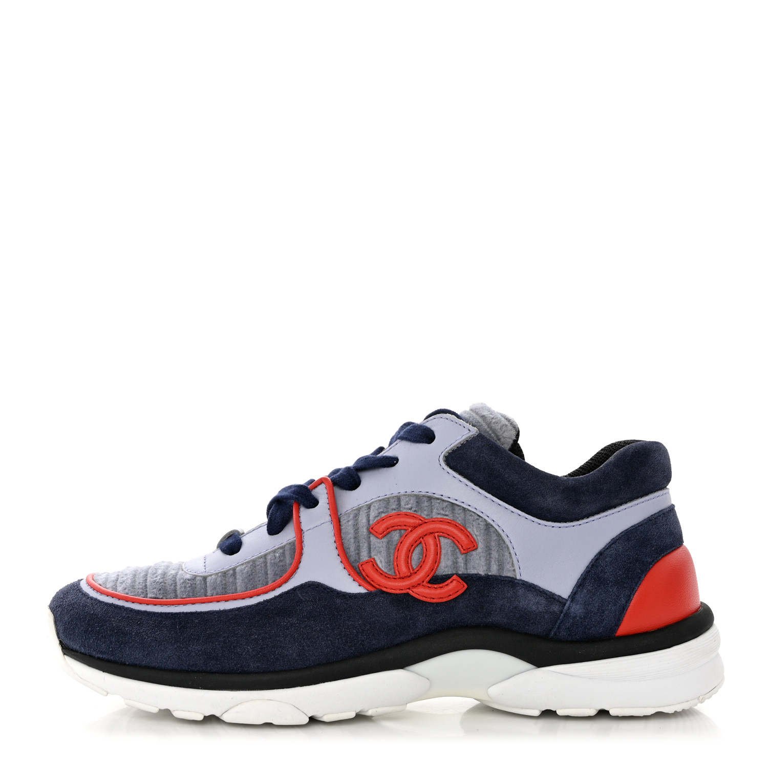 CHANEL Suede Calfskin Womens CC Sneakers 37 Grey Red Blue