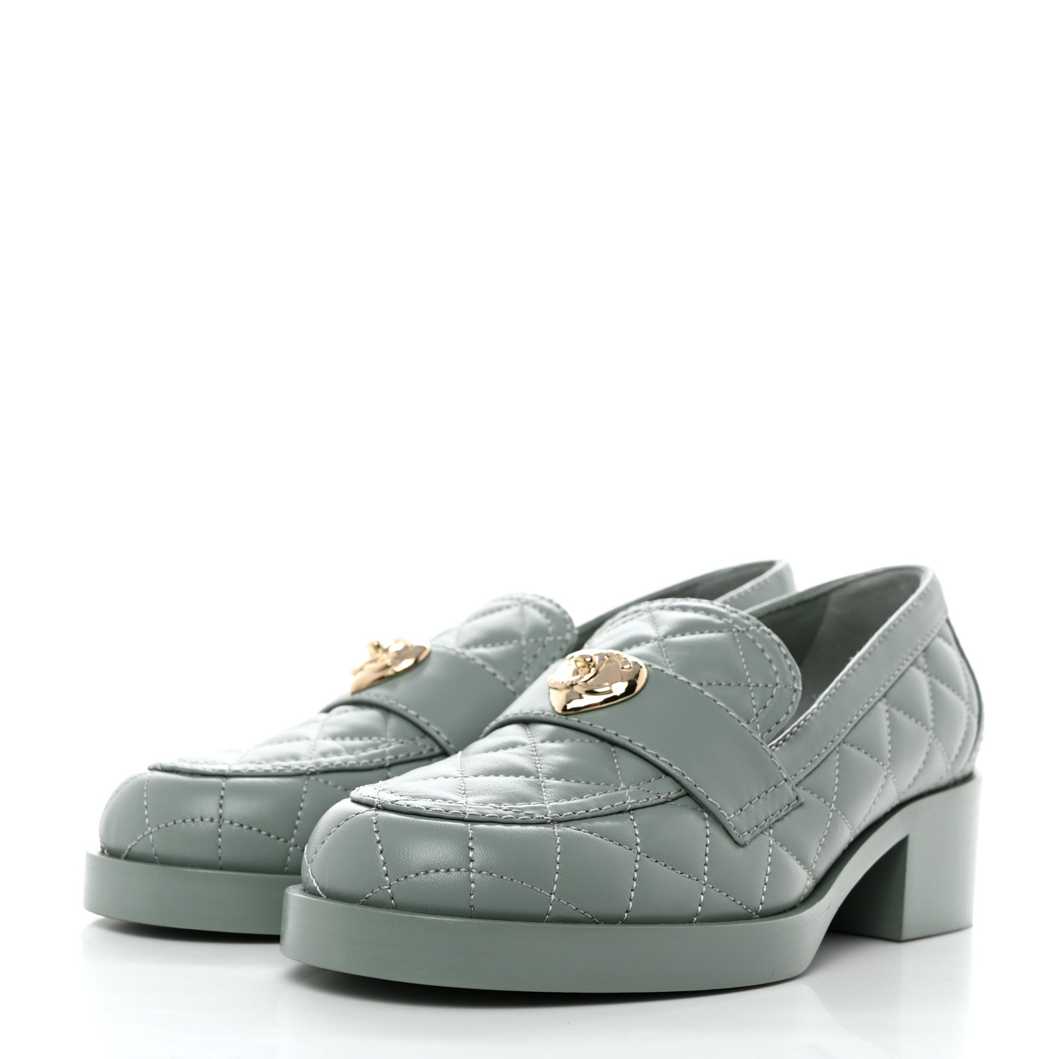 CHANEL Lambskin Quilted CC Heart Loafers 37.5 Light Blue