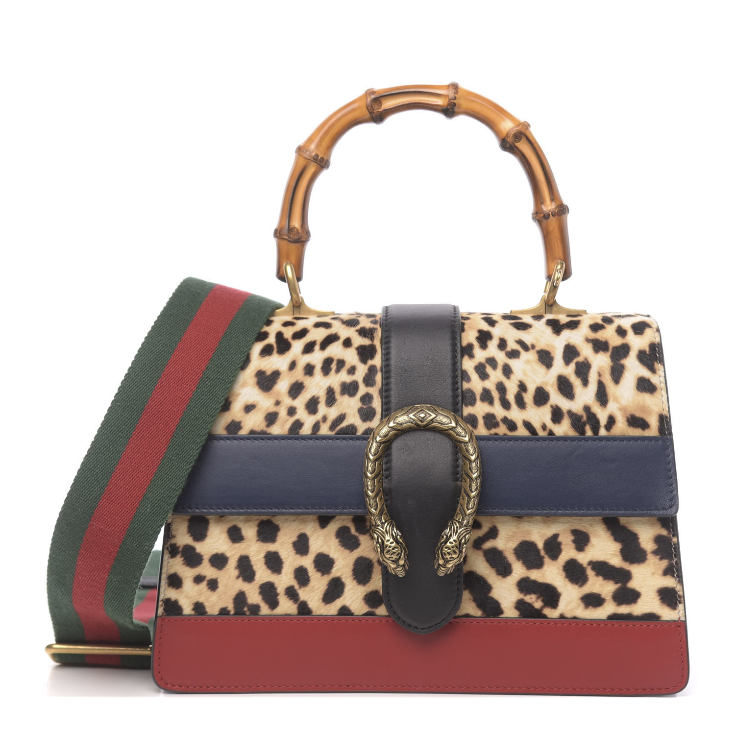 GUCCI Calf Hair Calfskin Bamboo Web Leopard Print Medium