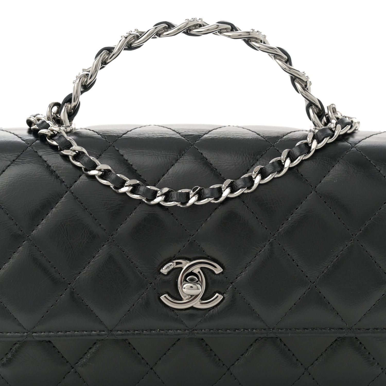 CHANEL Shiny Crumpled Calfskin Strass Quilted Top Handle