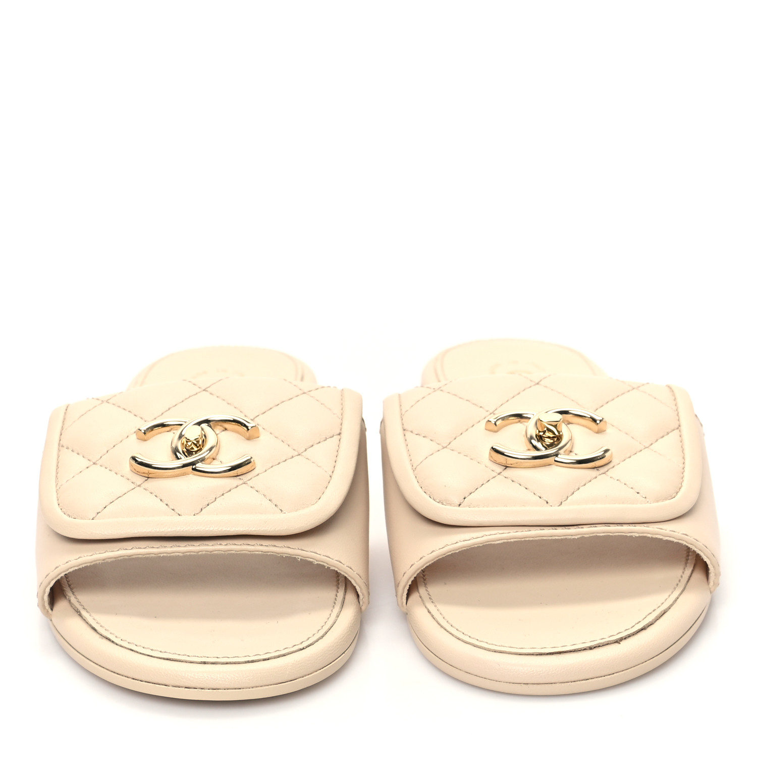 CHANEL Lambskin Quilted Turnlock Flat Mules 37 Light Beige