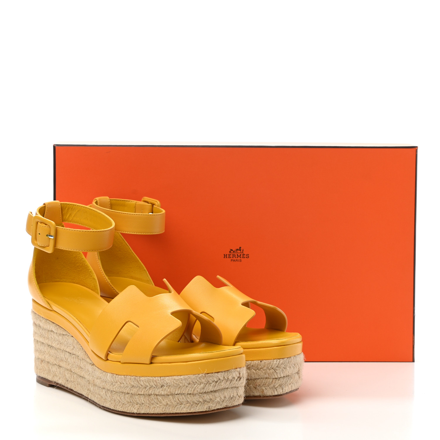 HERMES Goatskin Elda Espadrille Wedge Sandals 38 Jaune Sable
